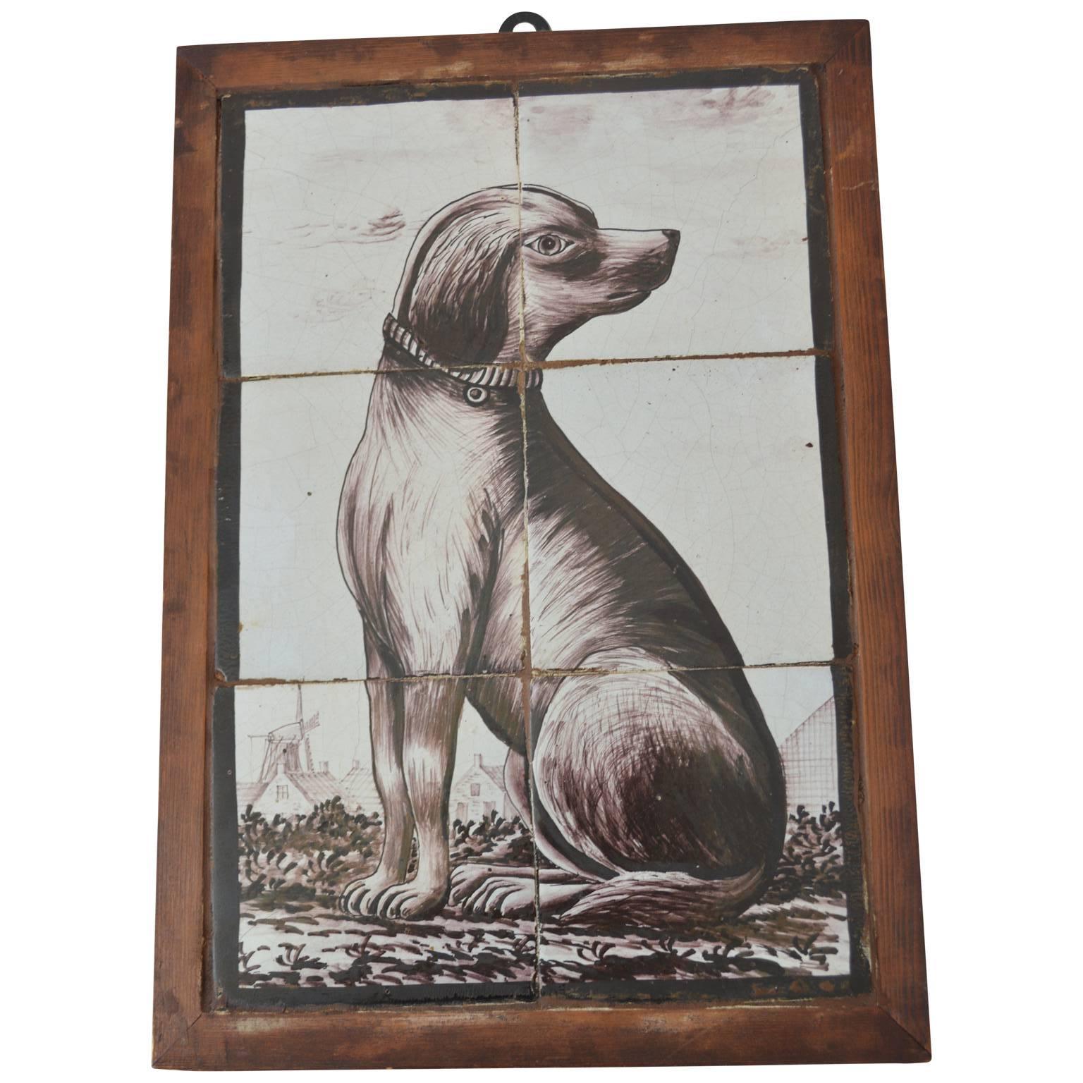 18th Century Delft Tile Picture of a Sitting Dog