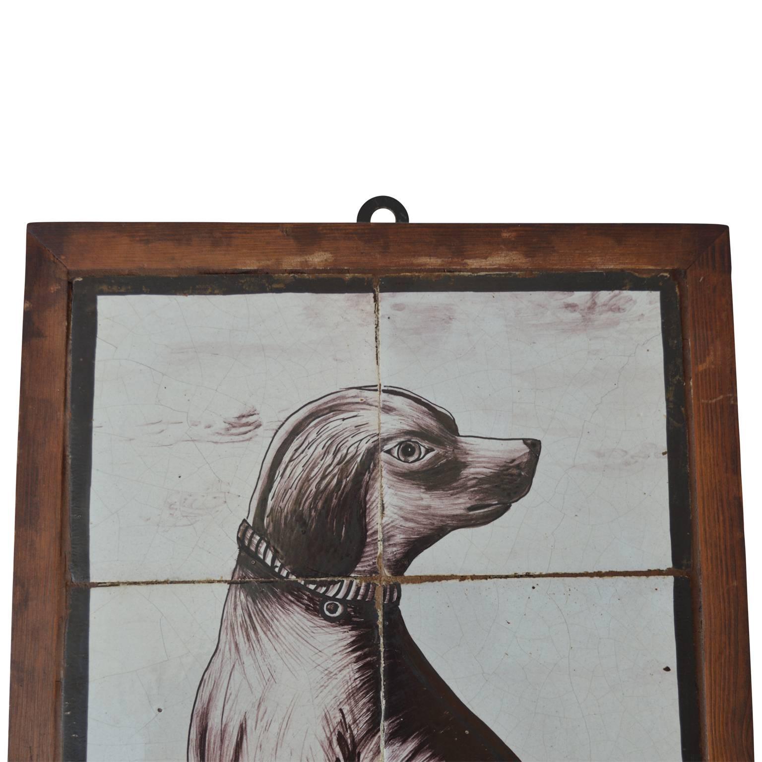 Rococo 18th Century Delft Tile Picture of a Sitting Dog