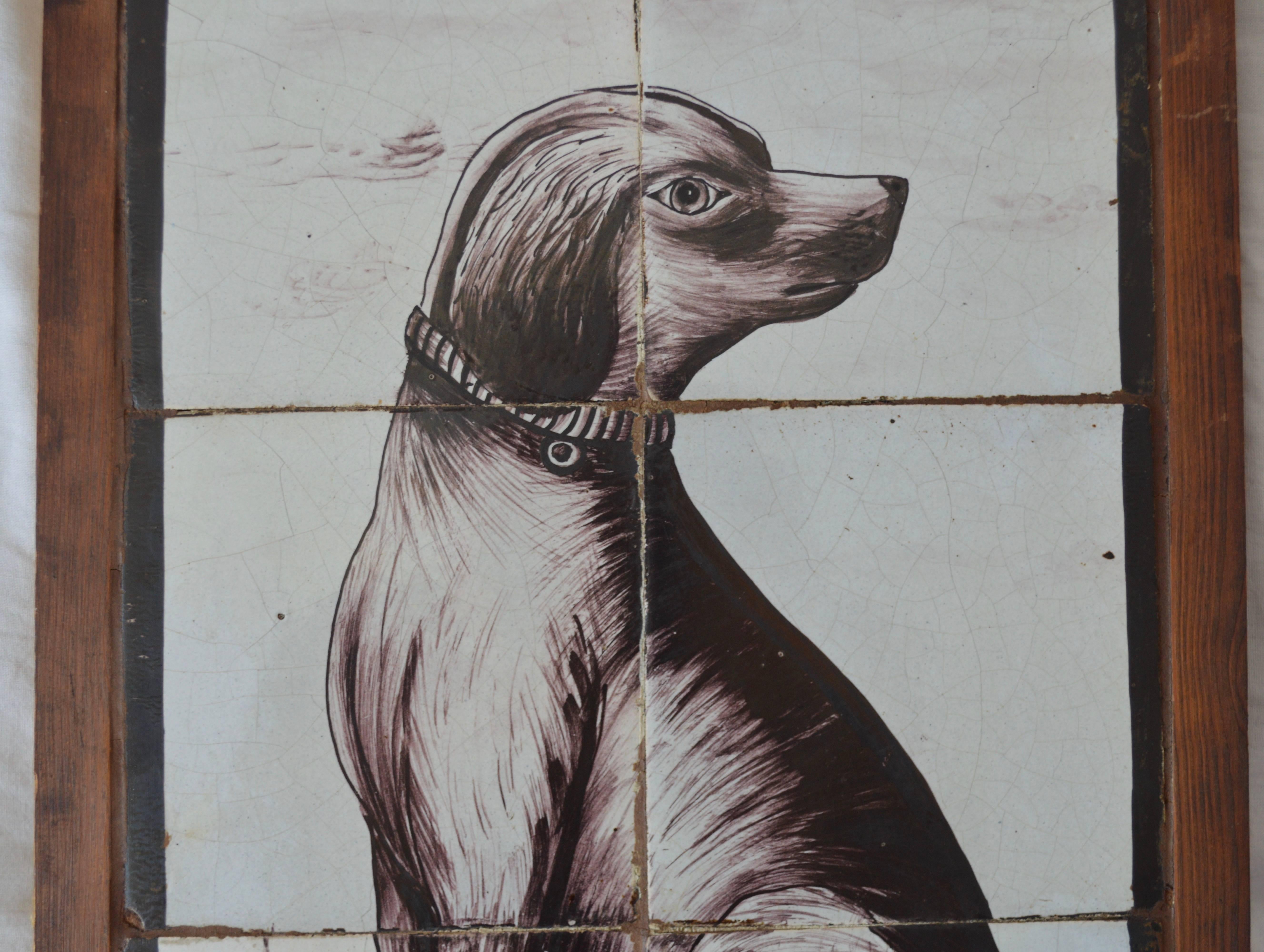 Dutch 18th Century Delft Tile Picture of a Sitting Dog