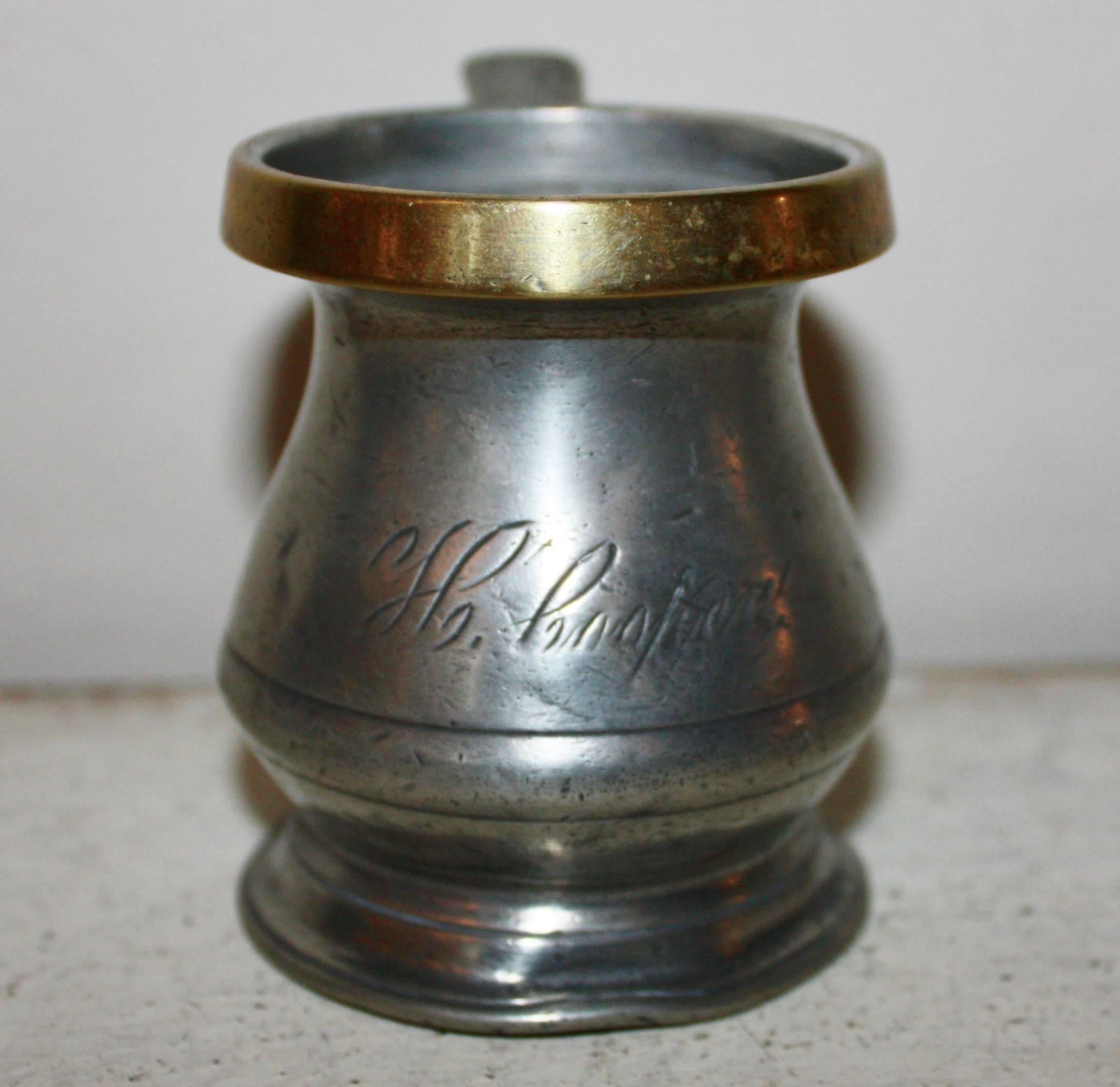 Hand-Crafted 19th Century Victorian Pewter Beaker with Brass Rim For Sale