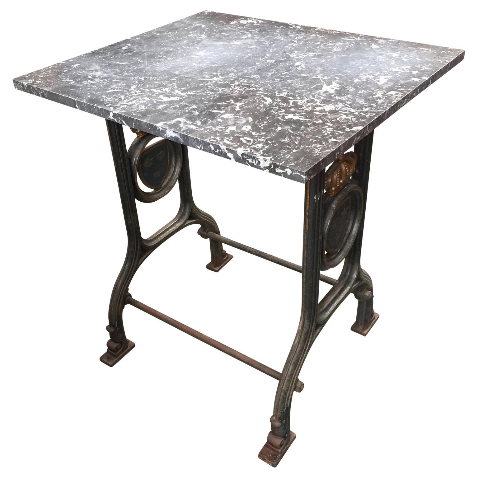 19th Century Cast Iron Marble-Top Bistro Table with Swedish Coat of Arms
