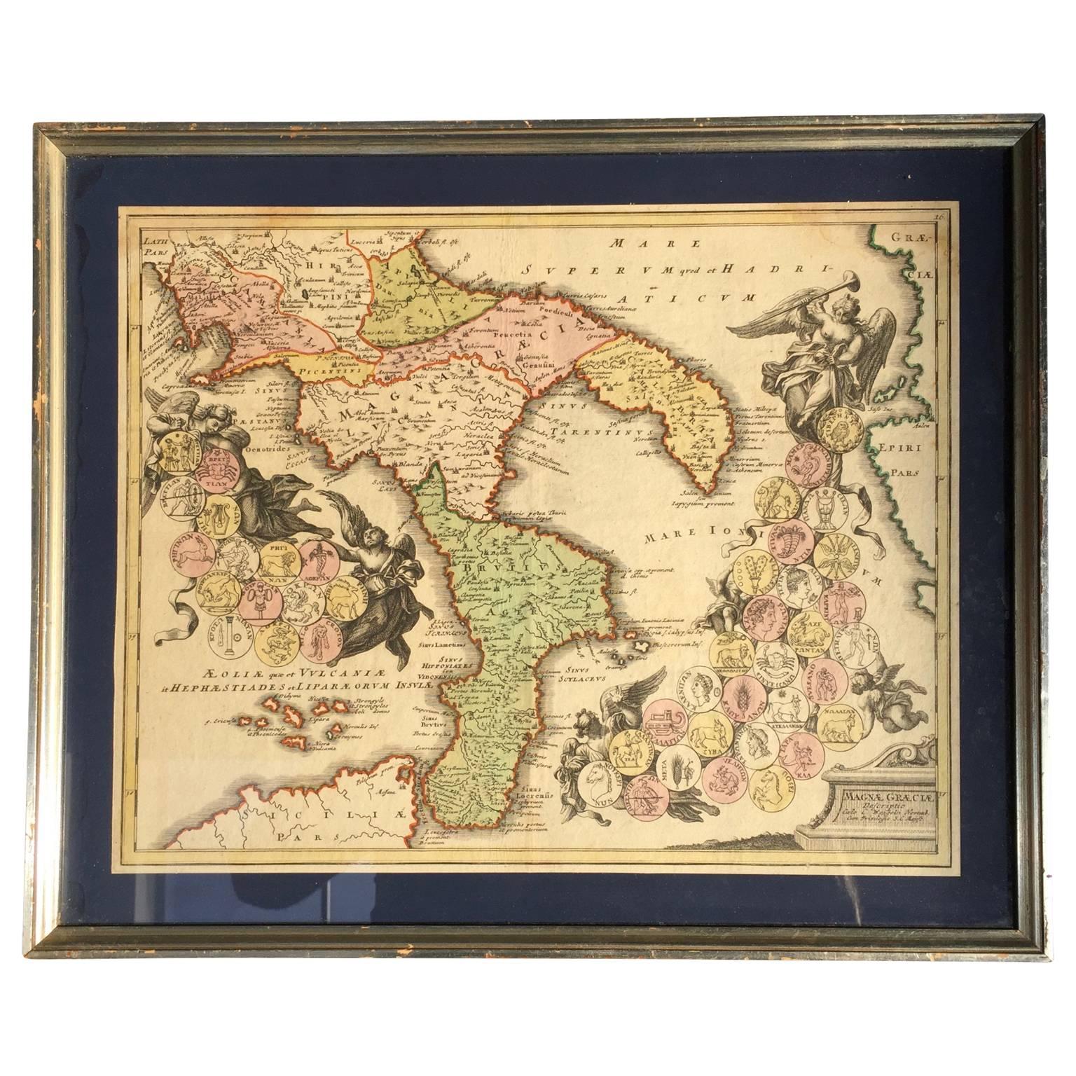 Hand-Painted Four 18th Century Engraved and Hand-Colored Maps by Weigel For Sale