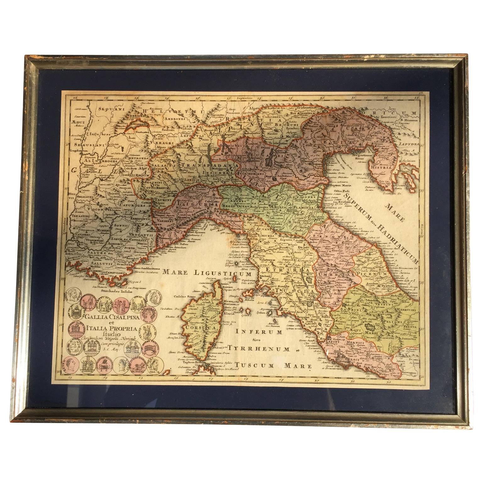 Small collection of four engraved maps of Italy, Balkan and of Central Asia. 
Two are of Italy, one Corsica and Northern Italy and the other of the Southern Italian boot.

All are hand-colored and framed in antique silver frames. 

 