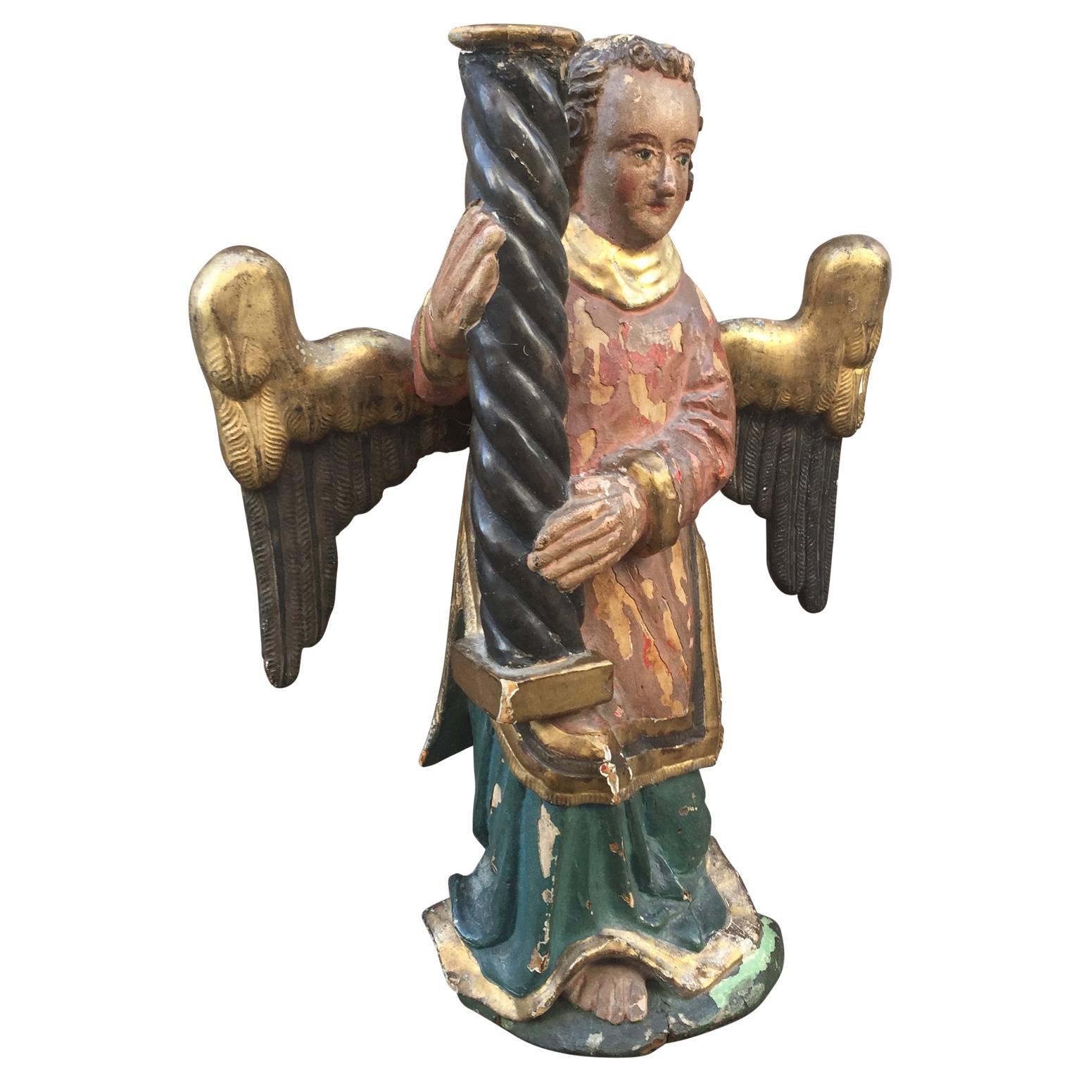 Chandelier ange baroque de la fin du 17e siècle, scandinave 

Étonnant bougeoir en bois sculpté et polychrome.