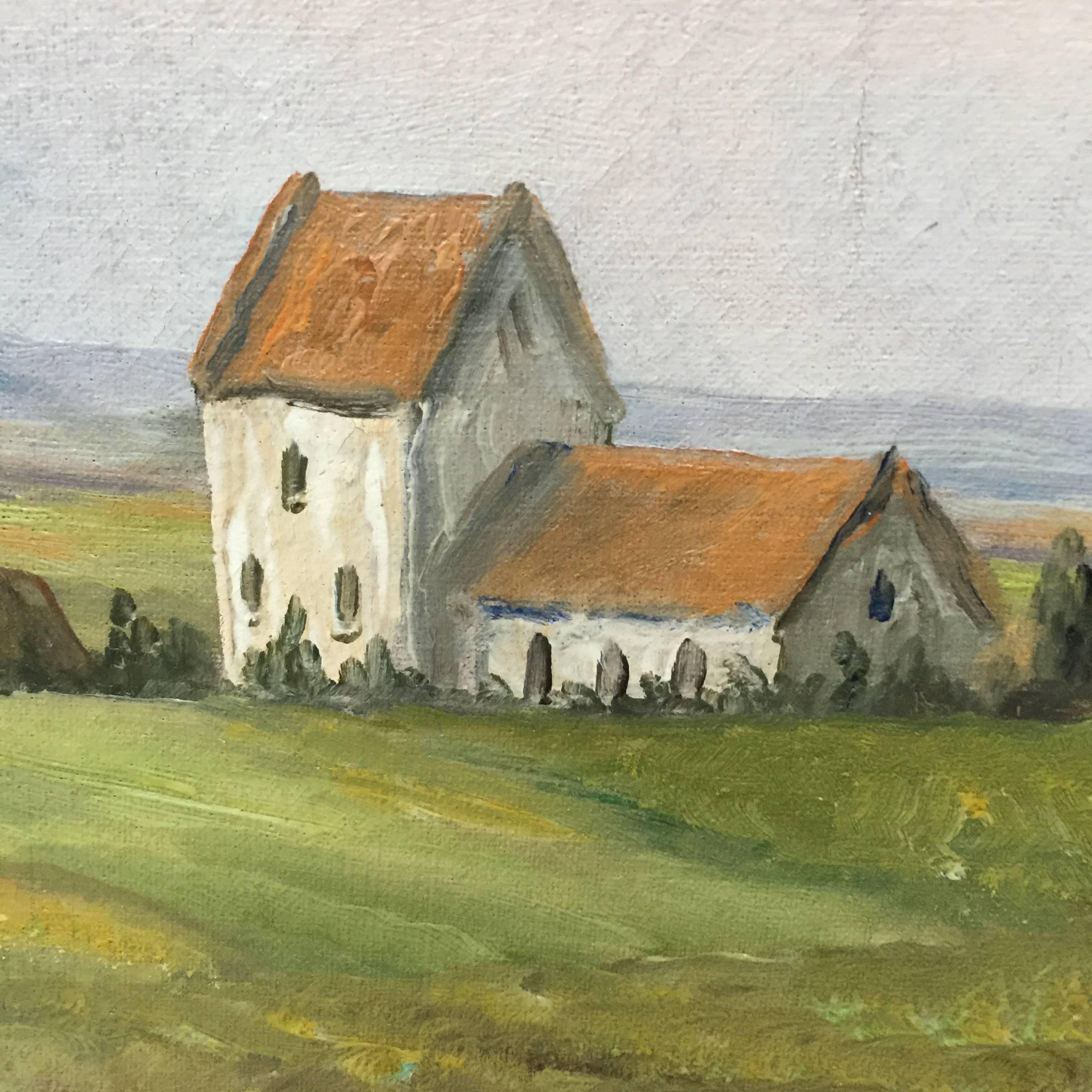 Painting of a Danish countryhouse. The motive is from around Næstved and Karrebæk in the main Danish island of Sjælland, close to Copenhagen.
Unknown artist.