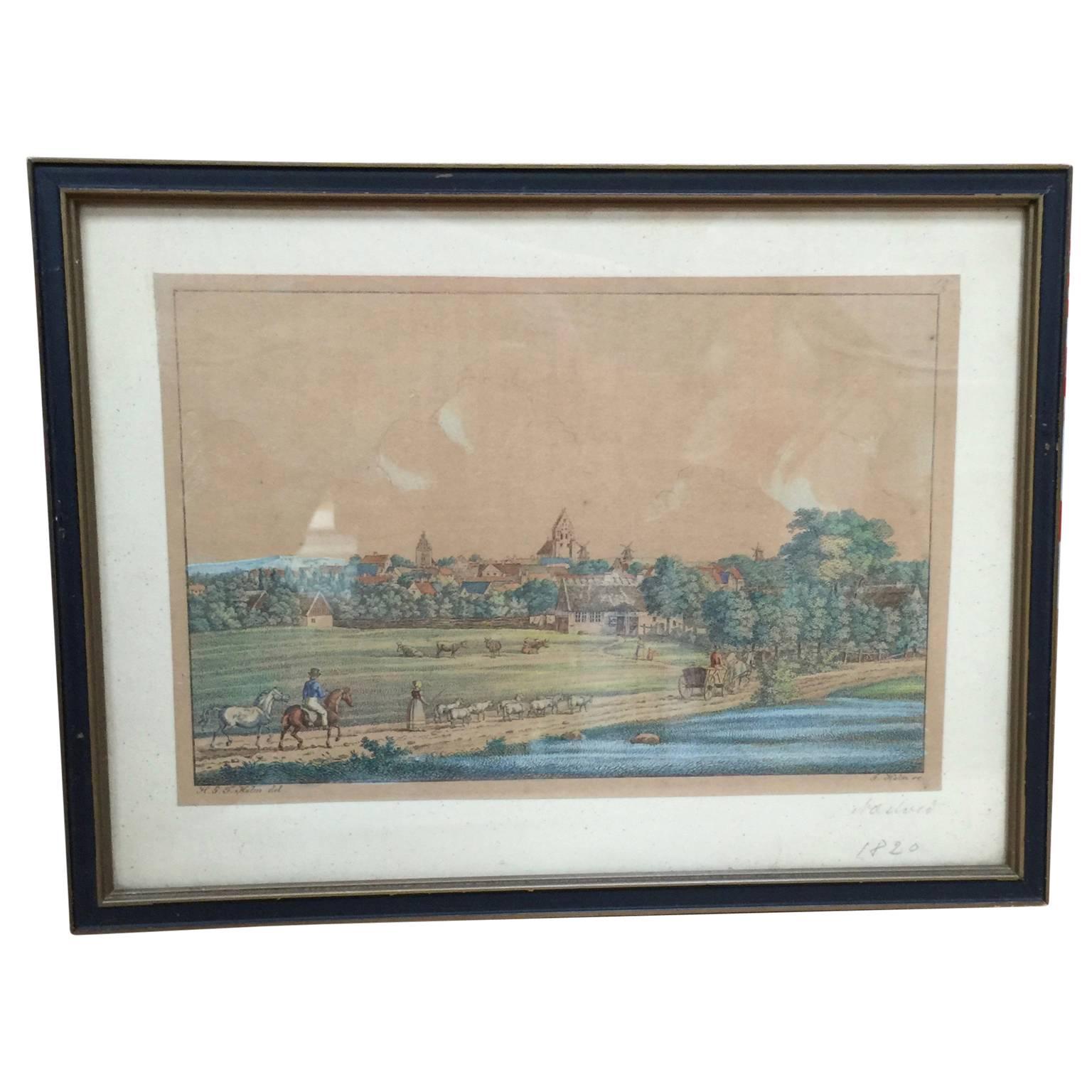 Danish 19th Century Engravings of Landscape and Estate of Herlufsholm and Naestved For Sale