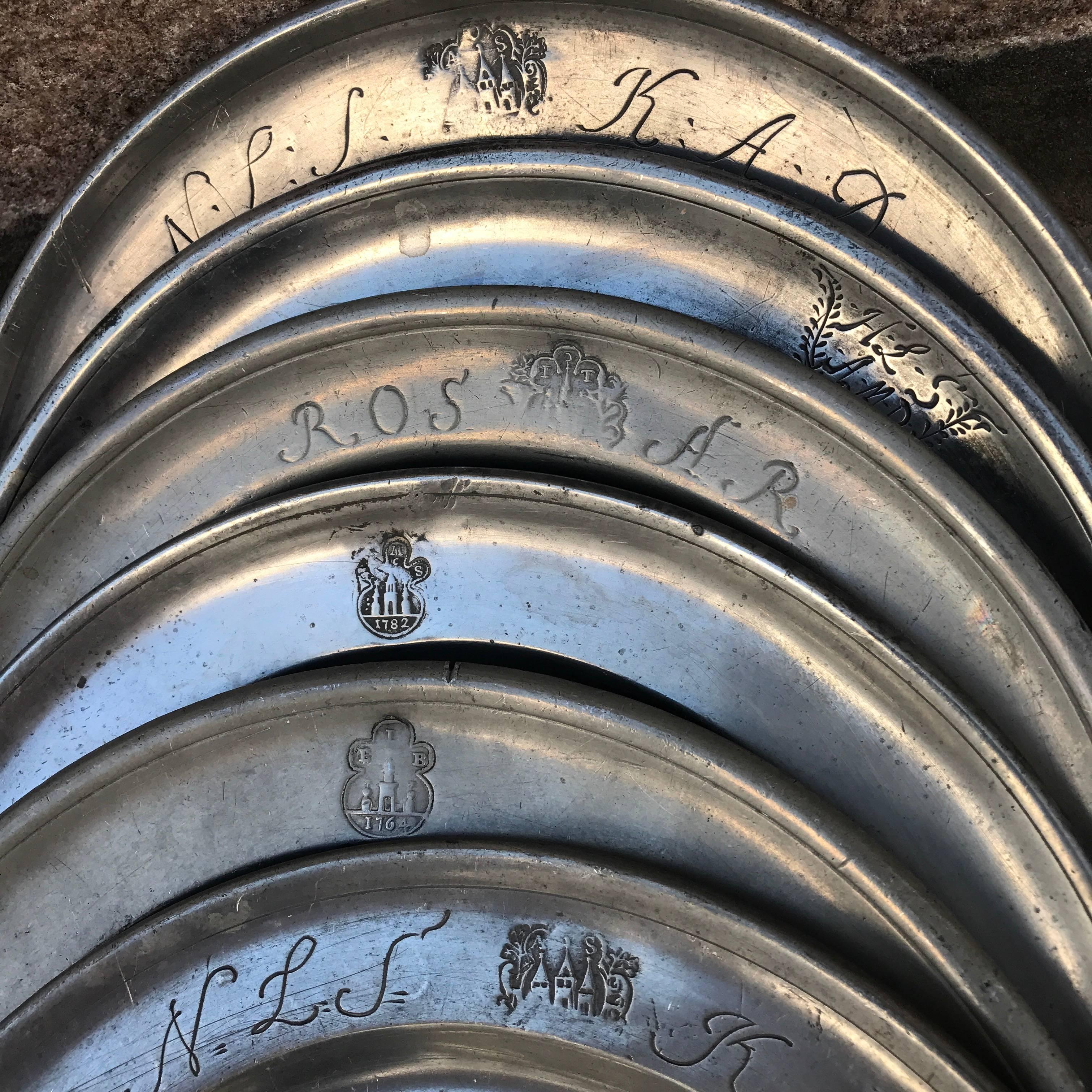 18th Century and Earlier Collection of Twelve 18th Century Copenhagen Denmark Pewter Plates