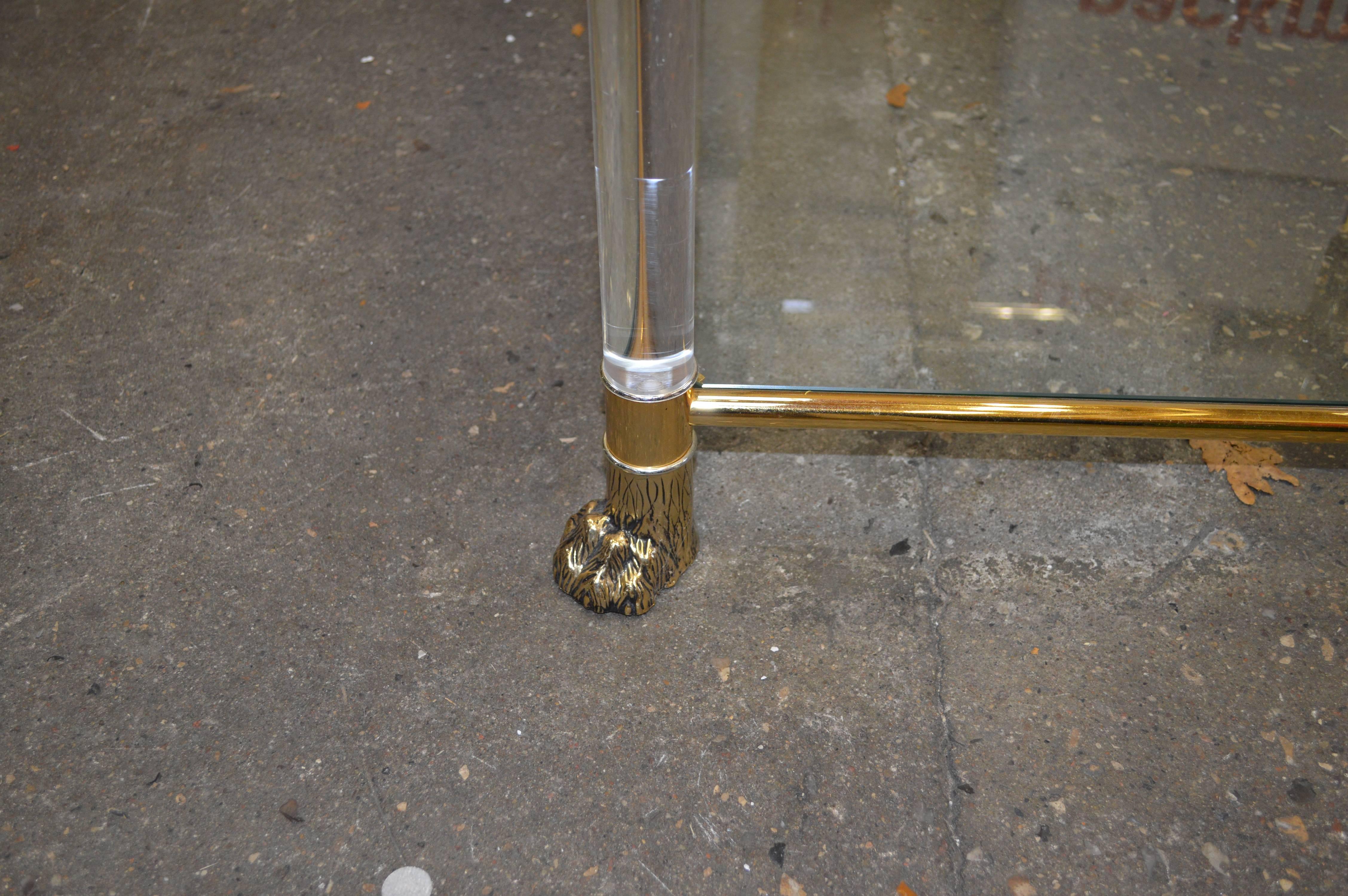 Versace Lucite and Glasstop Side Table with Lion Heads and Feet of Brass 2