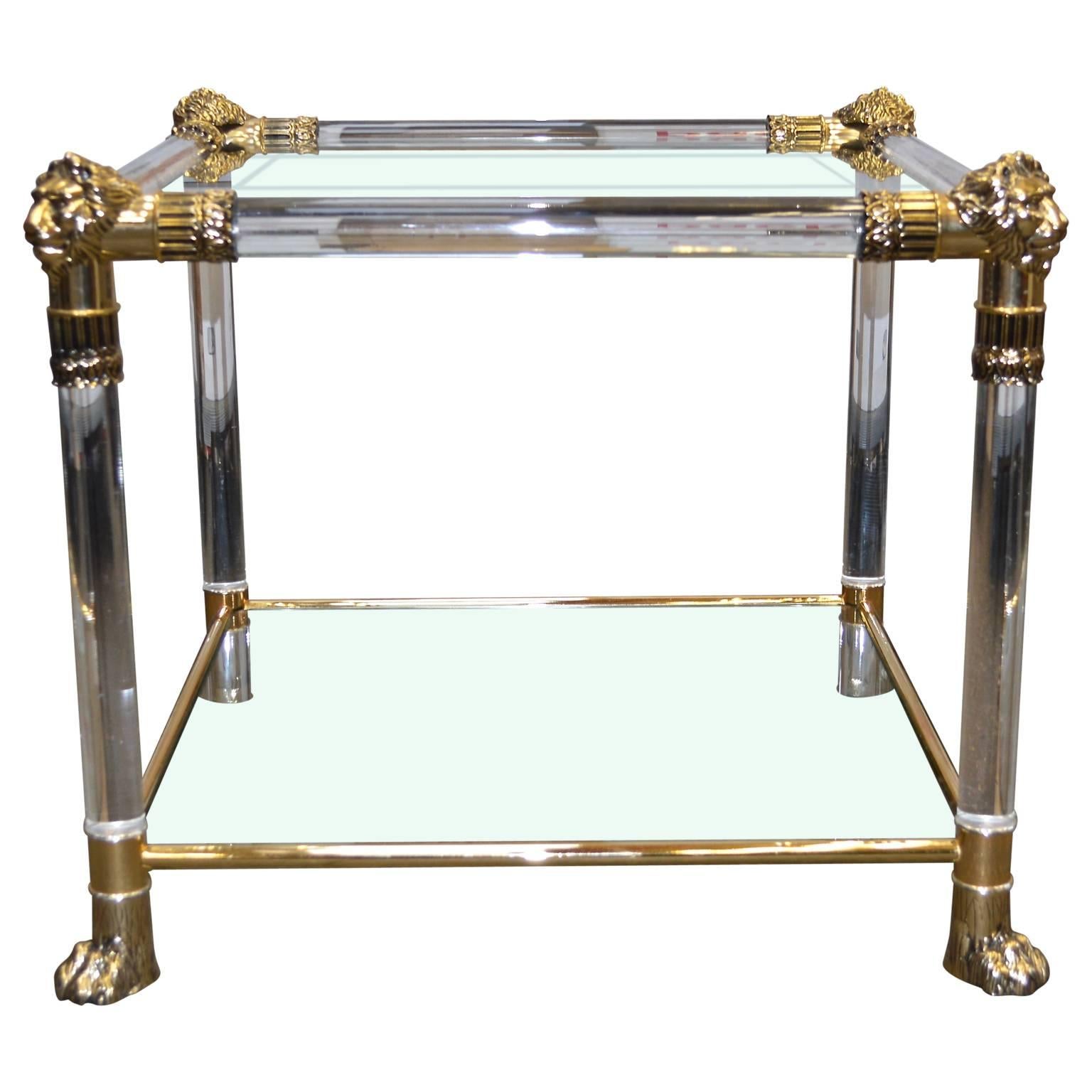 Modern Versace Lucite and Glasstop Side Table with Lion Heads and Feet of Brass