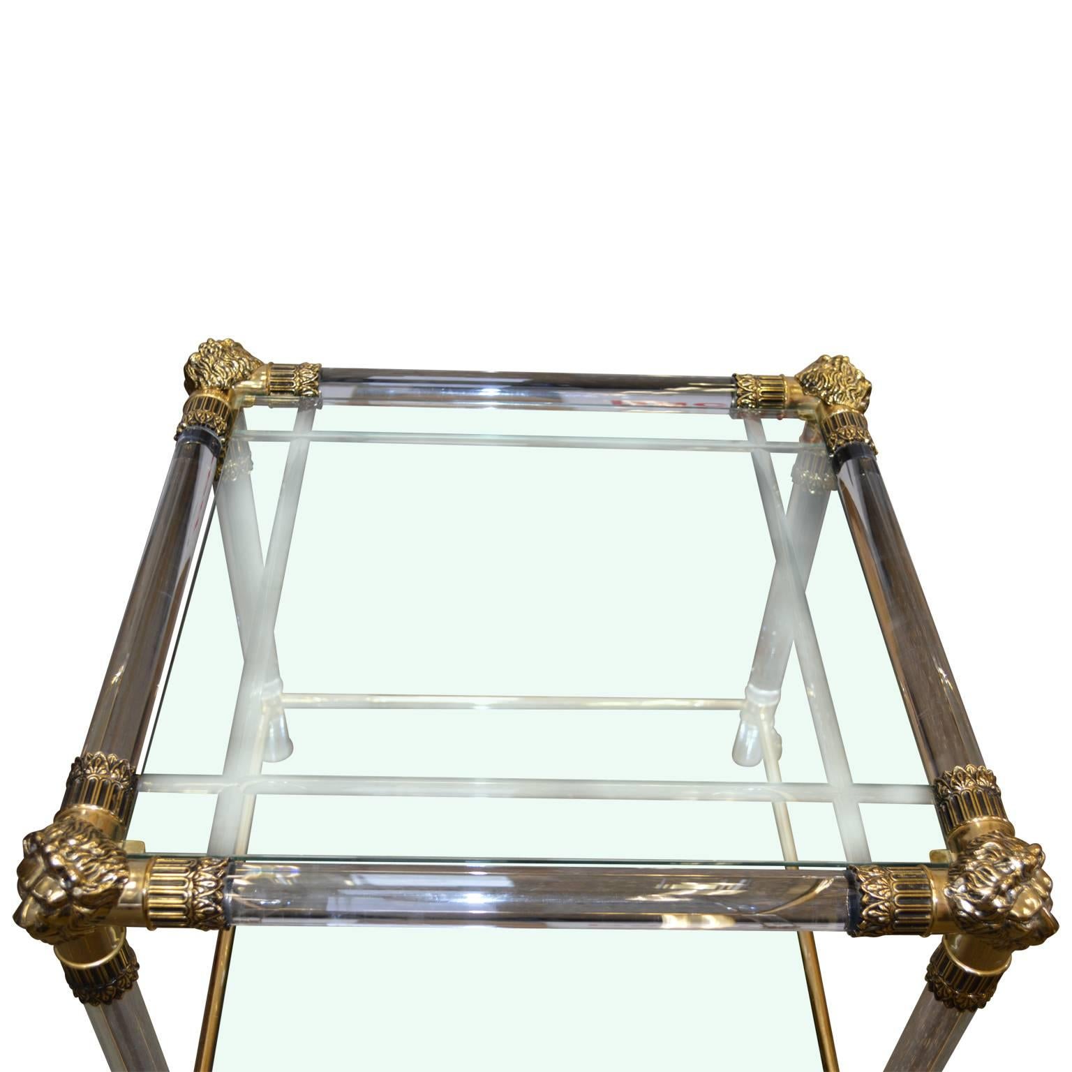 20th Century Versace Lucite and Glasstop Side Table with Lion Heads and Feet of Brass