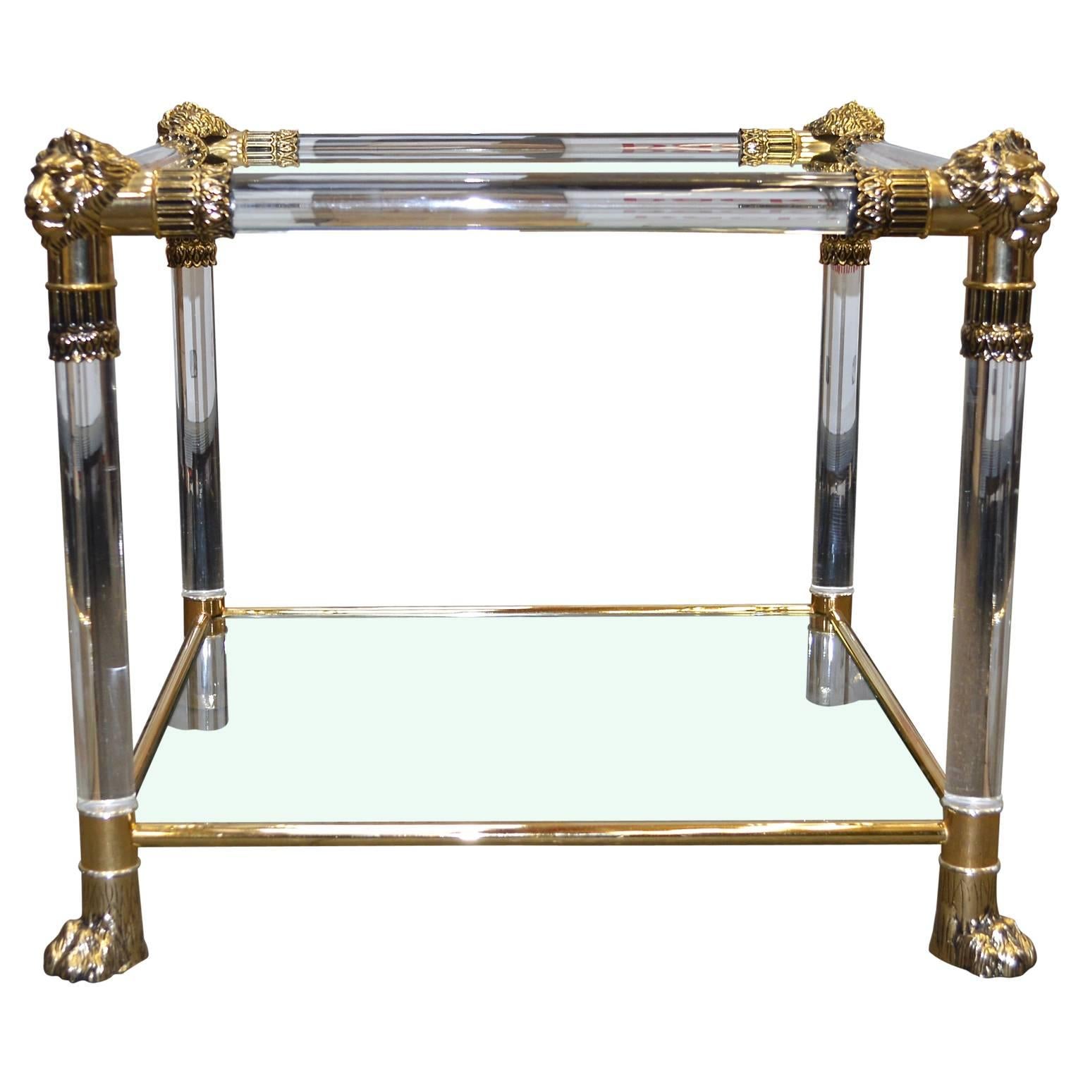 Versace Lucite and Glasstop Side Table with Lion Heads and Feet of Brass In Good Condition In Copenhagen, K
