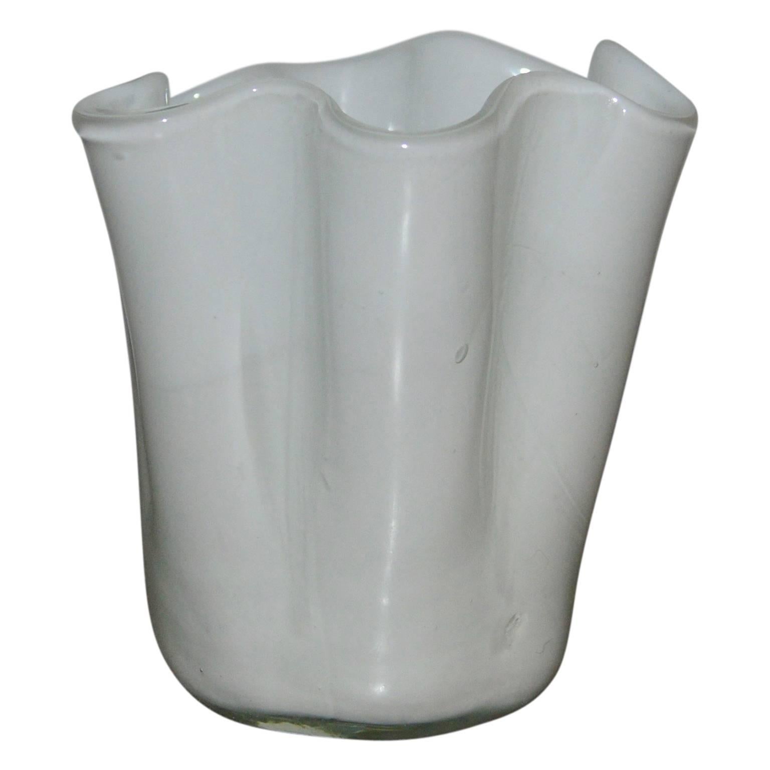 Italian White Opaque Murano Fazzoletto Glass Vase