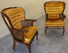 Pair of Monumental 1970s Cane and Gold Velvet Horseshoe Wingback Chairs