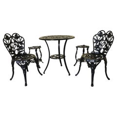 Rose-Pattern Cast Iron and Aluminum Garden Bistro Set with Two Plant Stands