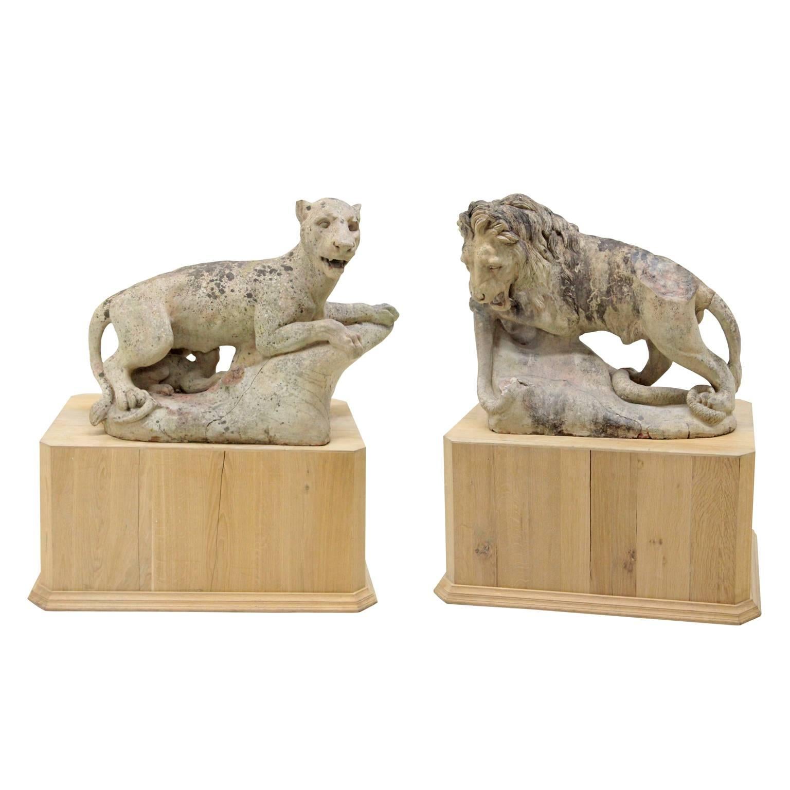 Terracotta Sculptures of Lion and Lioness, France, 19th Century