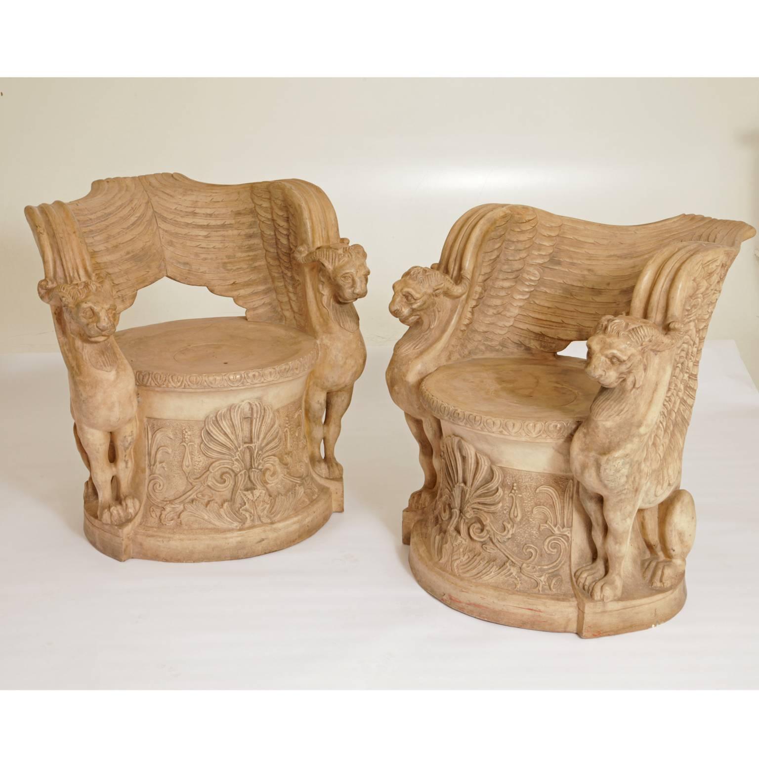 Pair of Empire-style terracotta chairs with flanking lion-esque beasts, whose wings turn into the backrests. Stamp on the back of Manifattura di Signa and Made in Italy.