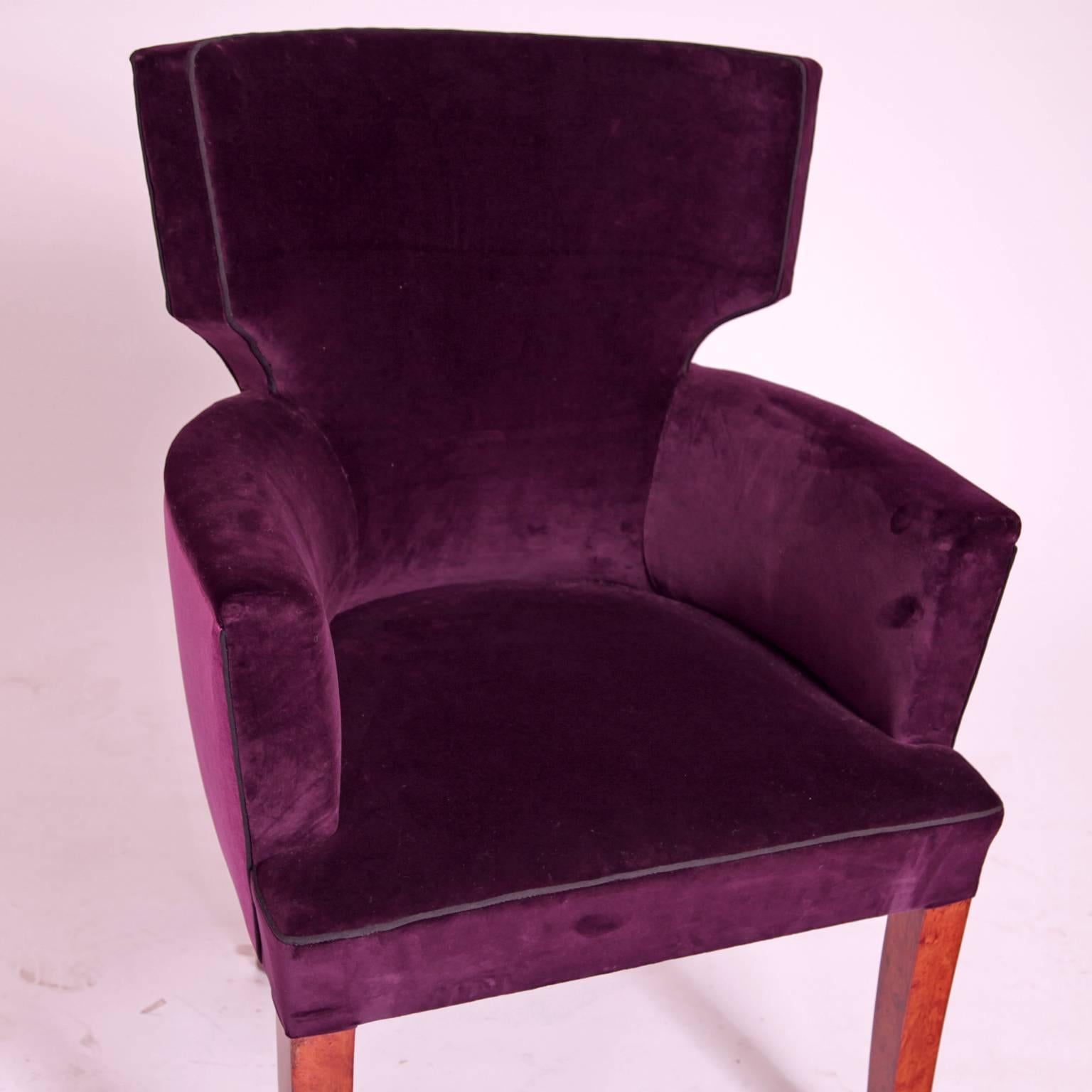Velvet Mid-Century Armchair and Chair, France
