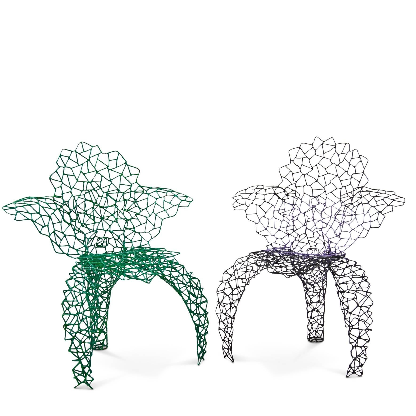 Green lacquered chair by the Italian designer Anacleto Spazzapan in the shape of a flower. 2.5mm thick metal rods, soldered by hand. The monogram of the artist is on the back. 

Anacleto Spazzapan (born 1943) considers himself to be in the service