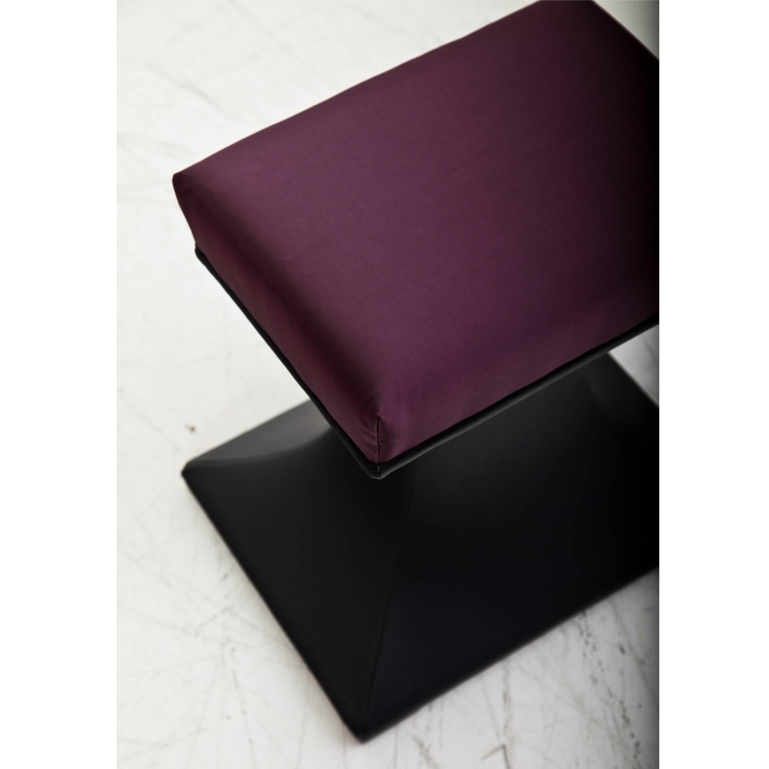 Pair of stools on rectangular concave feet. These are covered with black leather, the seats are newly upholstered with a high quality fabric.