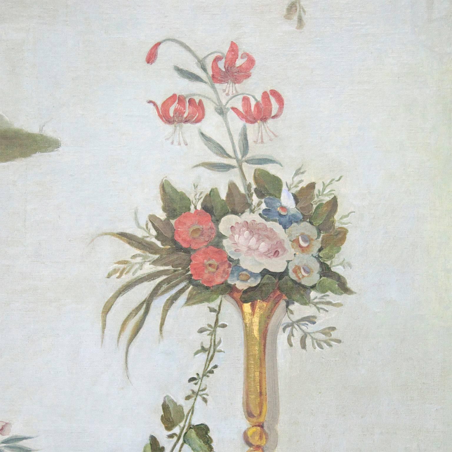 Polychrome chinoiserie oil painting on canvas, depicting people on a boat in front of a Chinese-style garden scene, surrounded by flower garlands and rocaille elements.