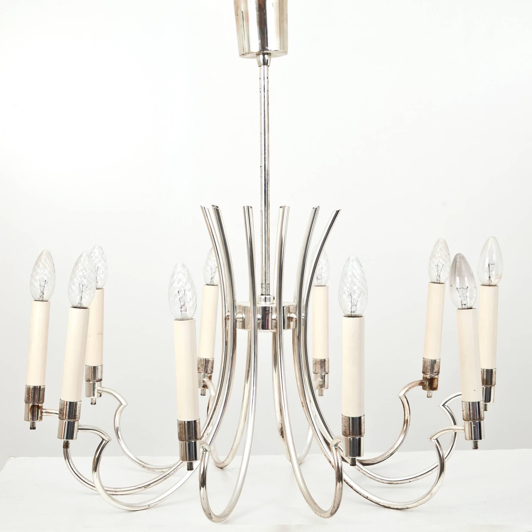 Silver plated Art Deco chandelier with ten arms by the 'Vereinigte Werkstätten', Munich.
 