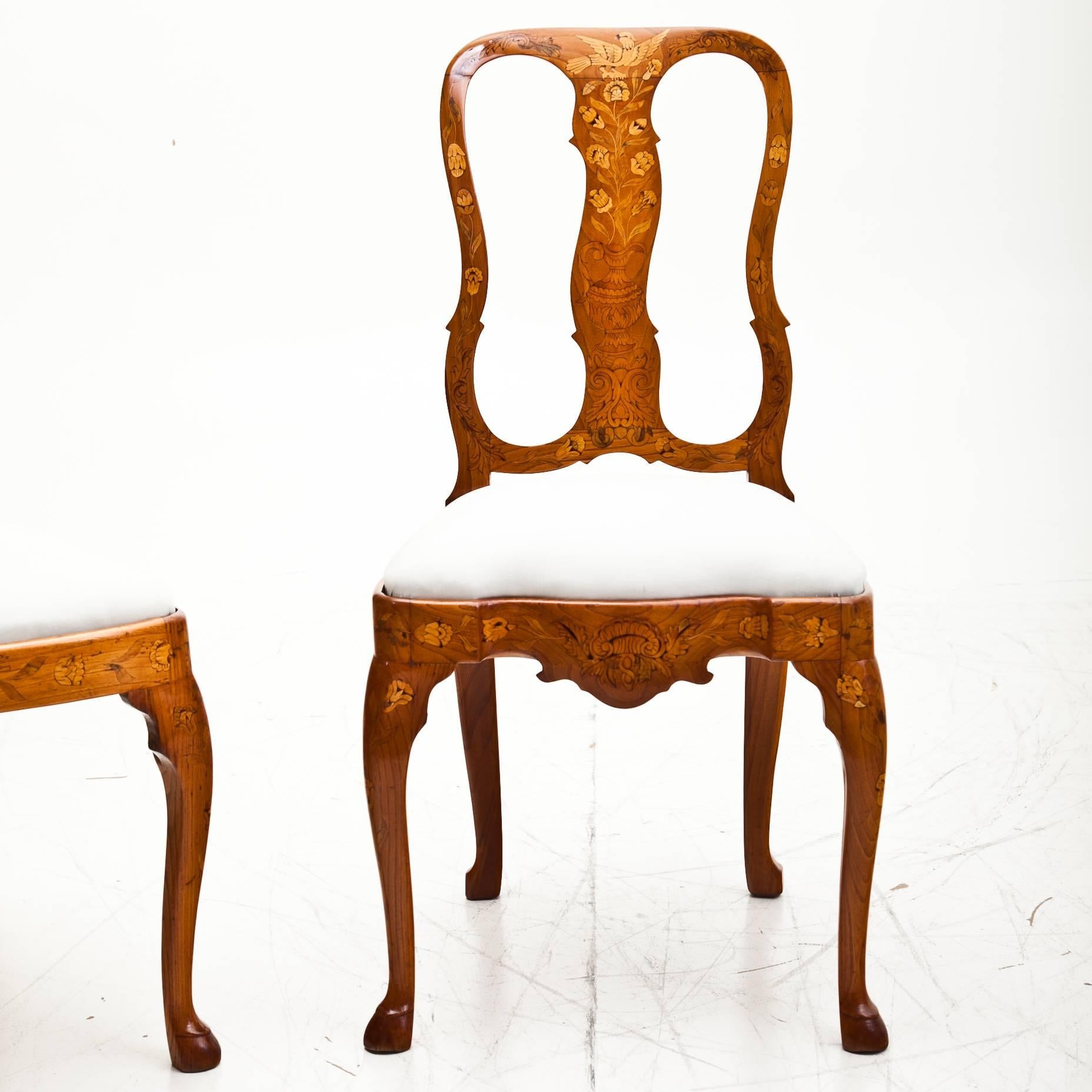 18th Century and Earlier Pair of Dutch Baroque Dining Chairs, Walnut with Fruitwood inlays, 18th Century