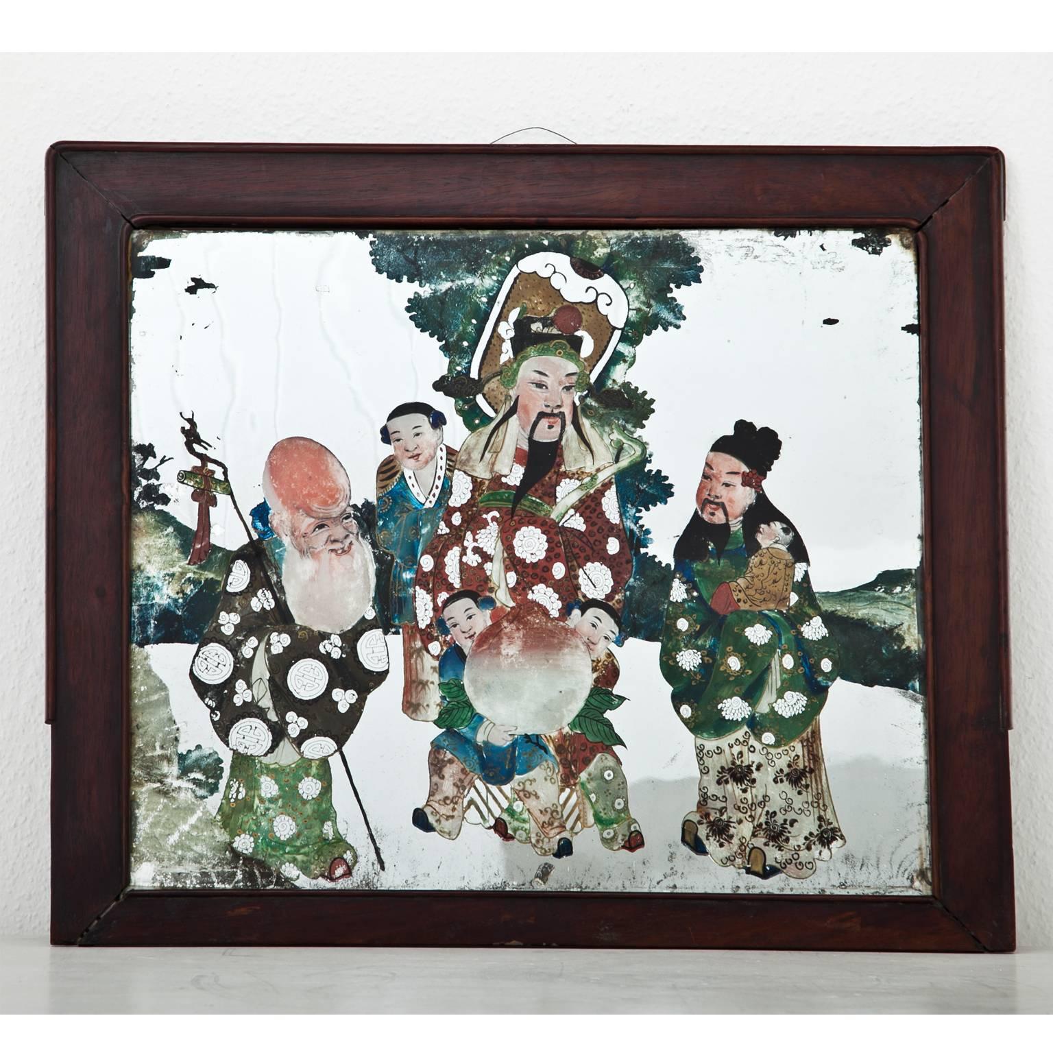 Chinese reverse glass painting, depicting an emperor surrounded by a sage, his servant and three boys. Size without frame: 39 x 40 cm.