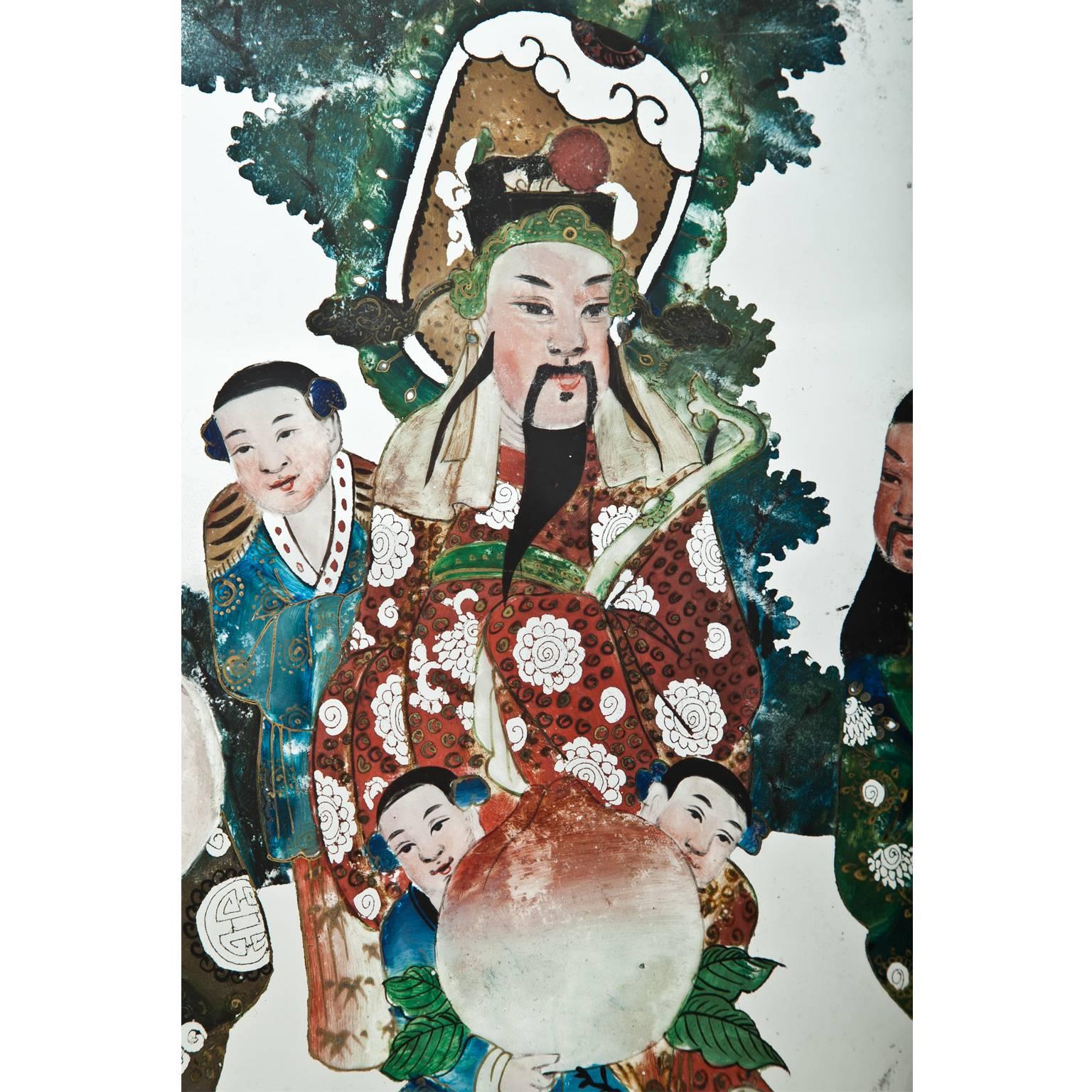 Painted Chinese Reverse Glass Painting, 19th Century