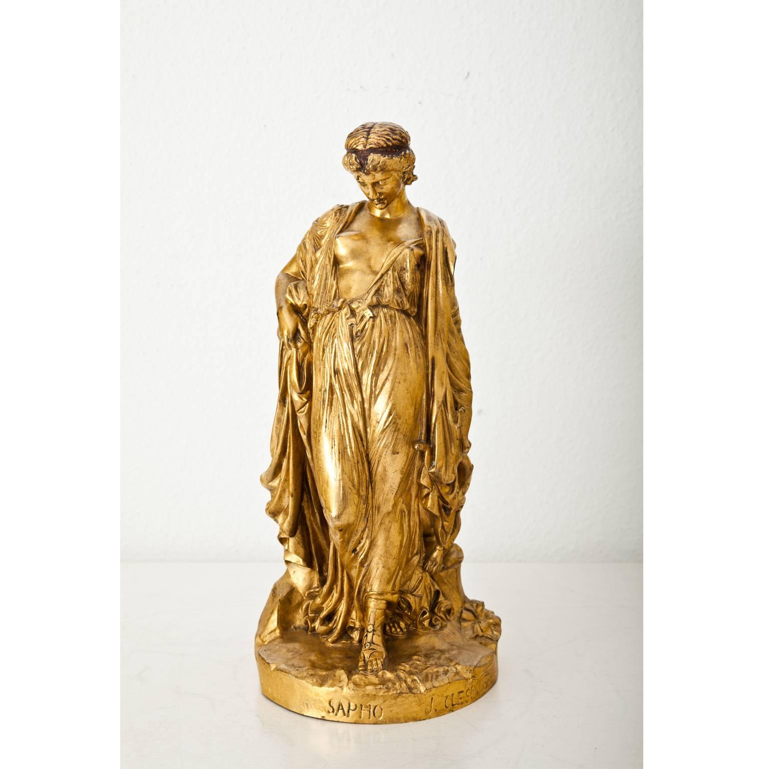 Fire gilt bronze sculpture of the archaic Greek poet Sap(p)ho (7th / 6th century BC) with her attribute, the lyra, by Jean-Baptiste Auguste Clésinger (1814, Besançon - 1883, Paris). The sculpture is signed at the base J. Clésinger and named 