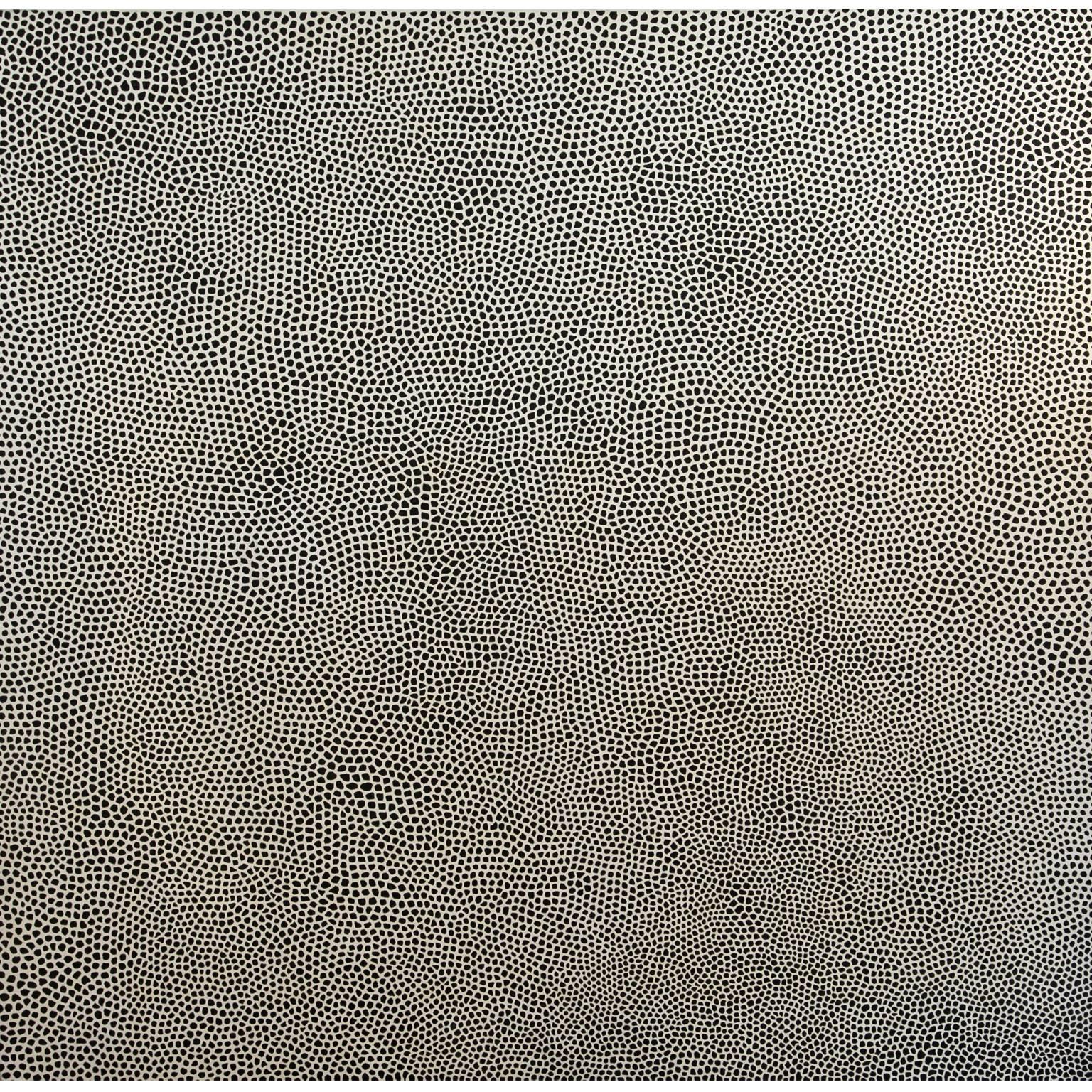 Large painting by German artist Peter Kampehl (born 1947, lives and works in Nuremberg) titled "Staub in der Sonne" (engl. "dust in the sun"). The grey-beige backdrop was covered in a meticulous work with black dots that become