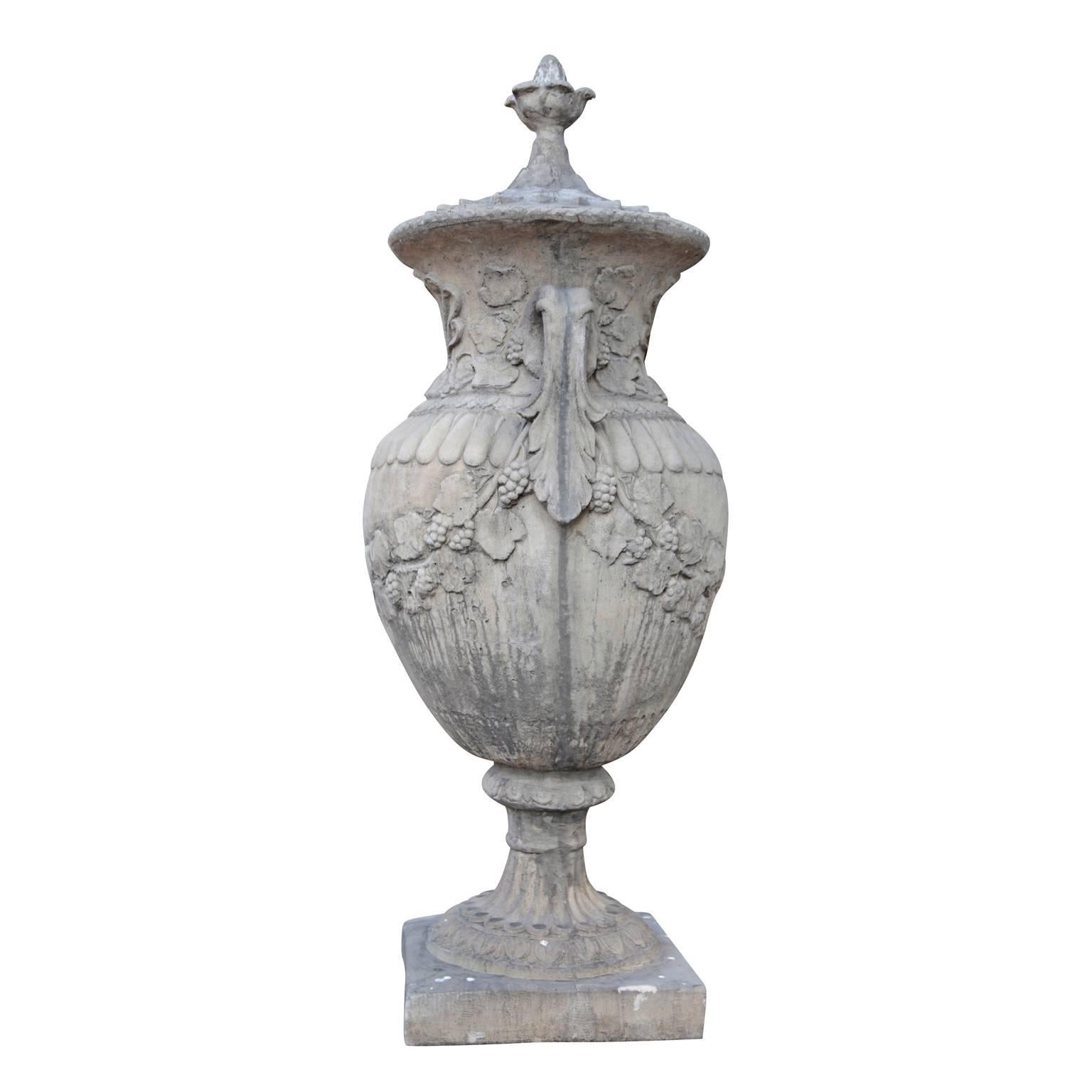European Pair of Monumental Garden Urns in Neoclassical Style, Cast Standstone