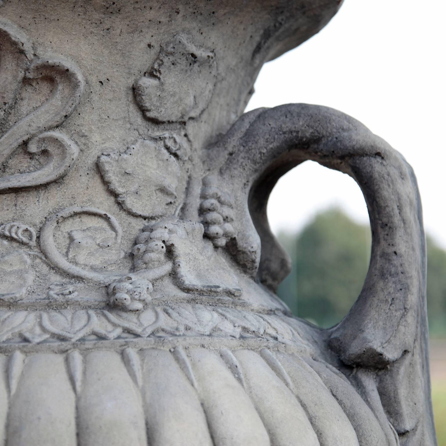 Contemporary Pair of Monumental Garden Urns in Neoclassical Style, Cast Standstone