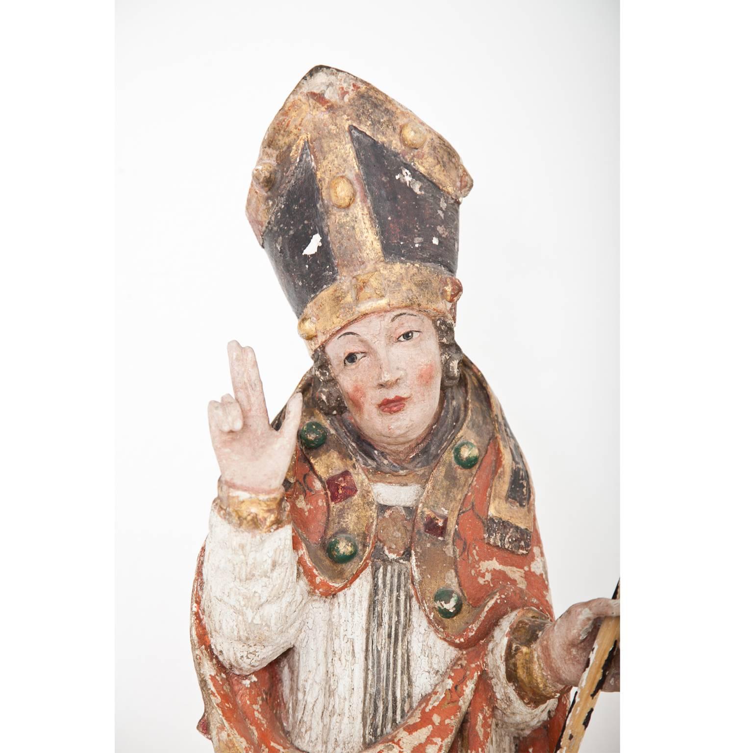 Hand-Painted Gothic Sculpture of a Bishop