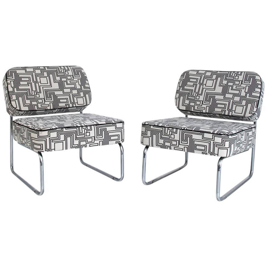 Pair of Modernist Lounge Chairs, black and white pattern, reupholstered, 1960s For Sale