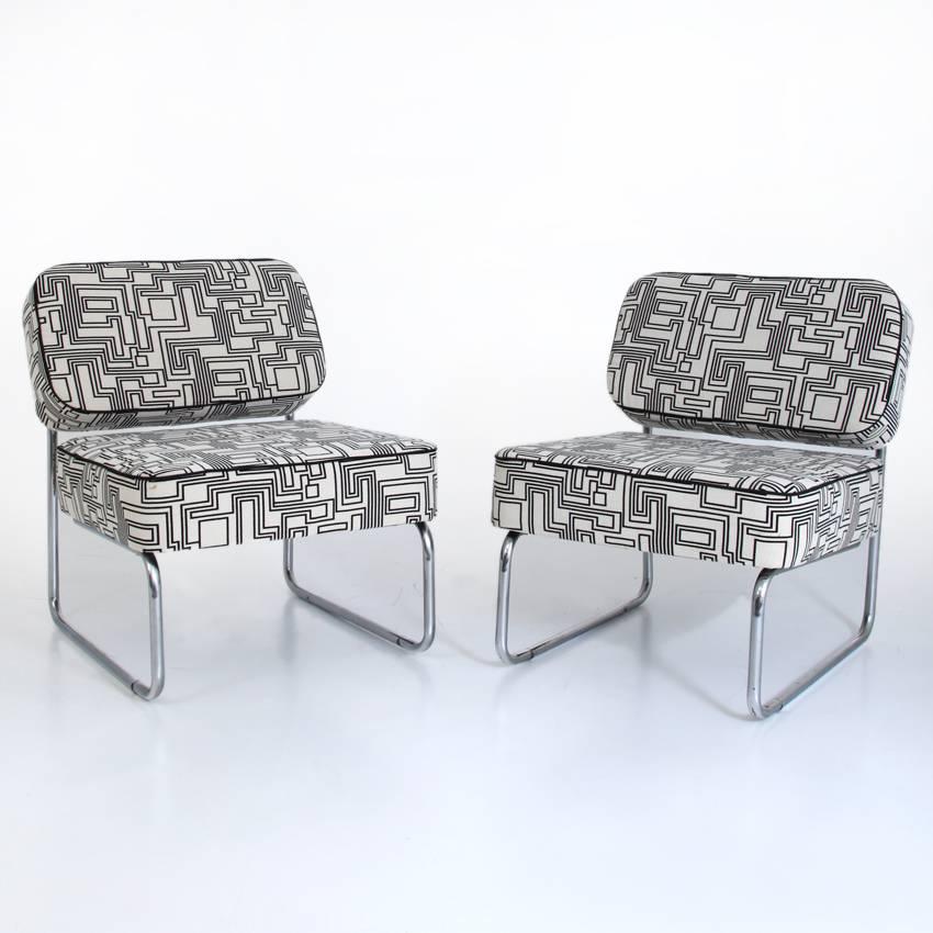 Bauhaus Pair of Modernist Lounge Chairs, black and white pattern, reupholstered, 1960s For Sale