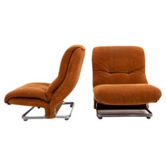 Pair of Orange Europoltrona Lounge Chairs, Steel Base, Italy Mid-20th Century