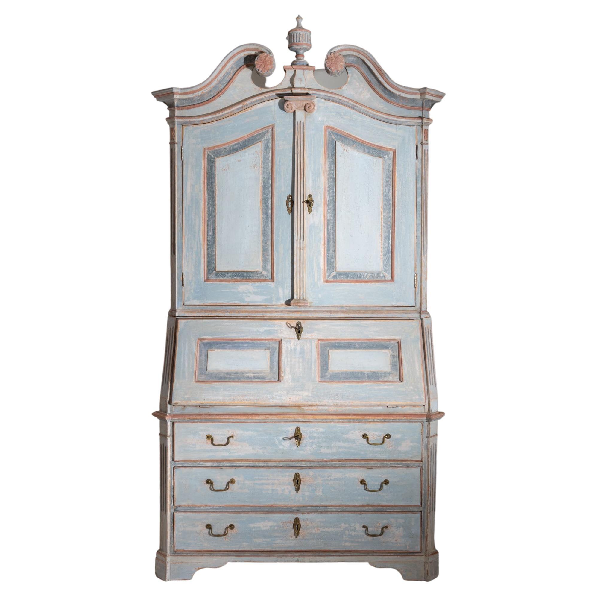 Softwood Hand Painted Gustavian-Style Secretaire in Blue and Red, 18th Century