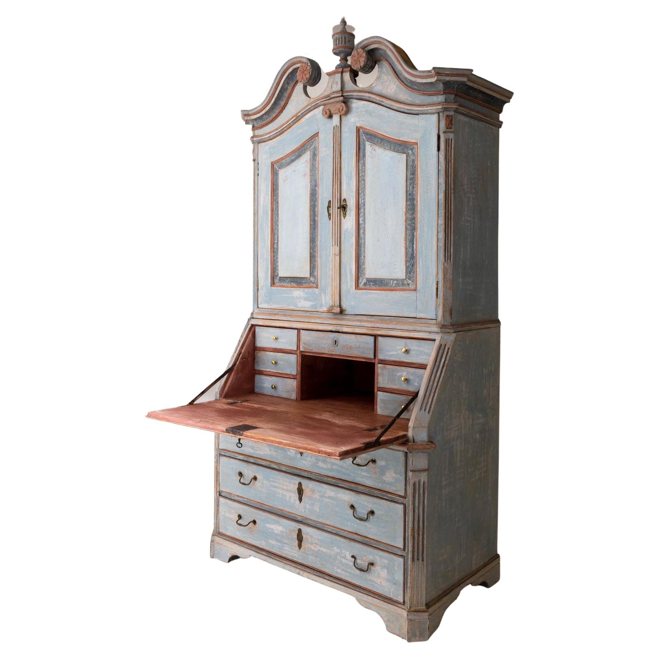 18th Century and Earlier Hand Painted Gustavian-Style Secretaire in Blue and Red, 18th Century
