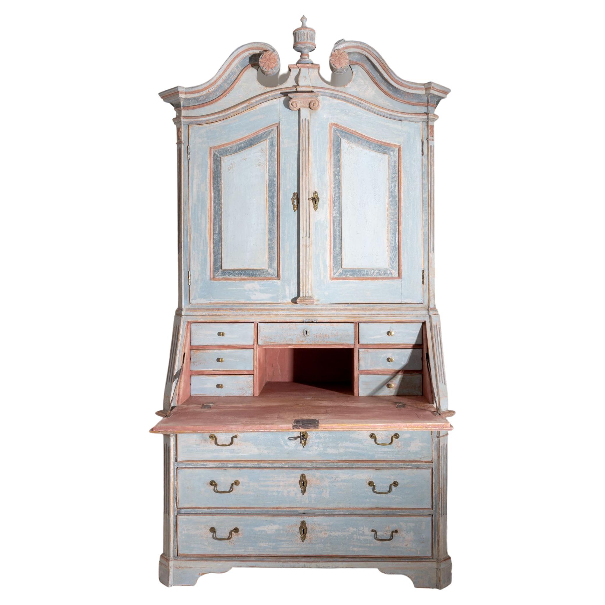German Hand Painted Gustavian-Style Secretaire in Blue and Red, 18th Century