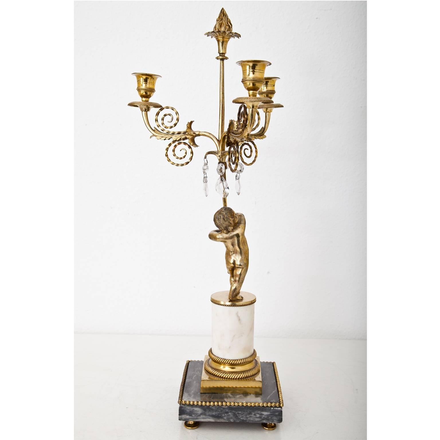 Empire Candelabra with Putto Décor, Marble and gilt Bronze, poss. German, 19th Century For Sale