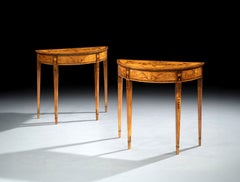 A Small Pair of George III Period Satinwood And Marquetry Demi-Lune Side Tables
