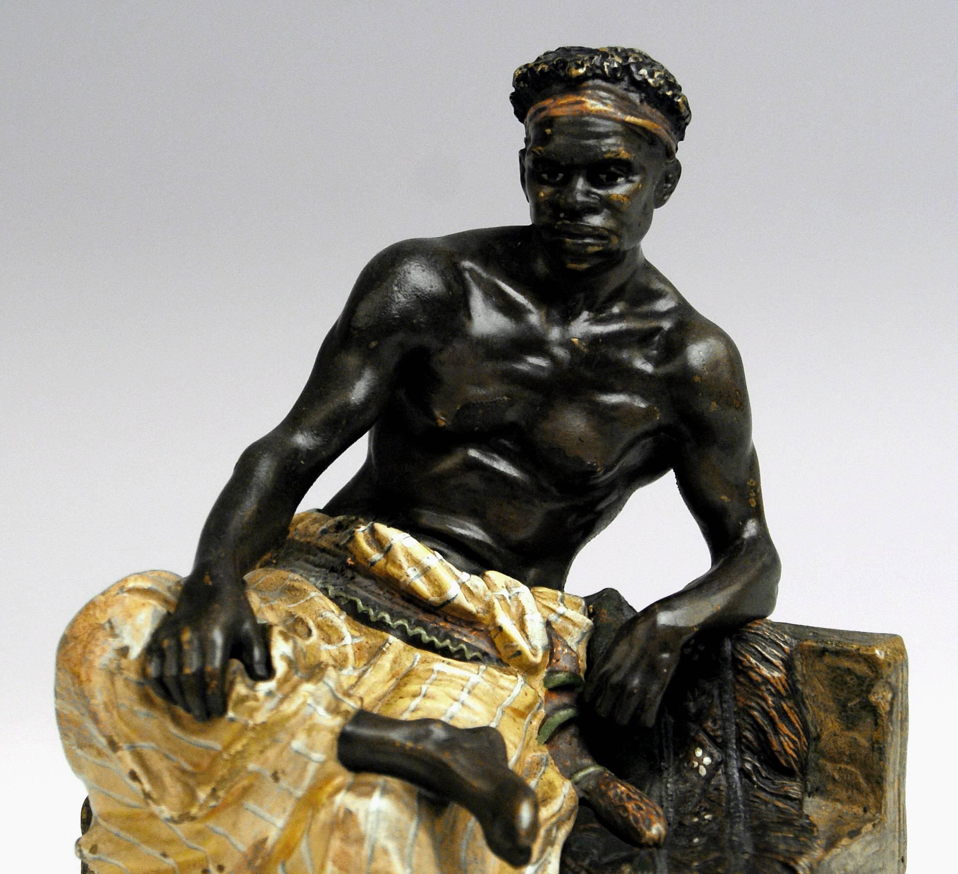 Cold-Painted Vienna Bergman Bronze Black Man on Egyptian Bench Made, circa 1900