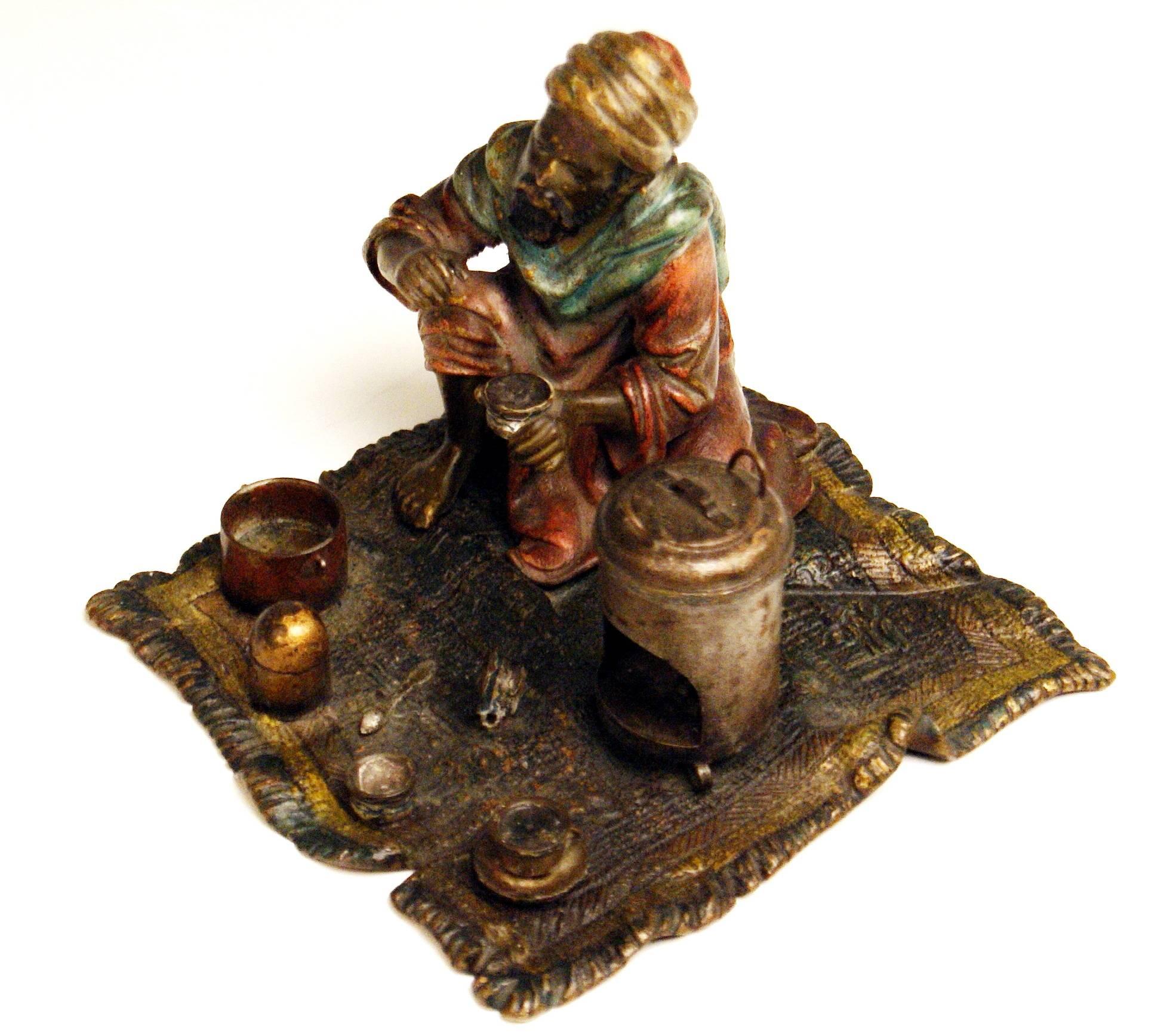 Austrian Vienna Bergman Bronze Arab Man on Carpet Preparing Tea, circa 1925