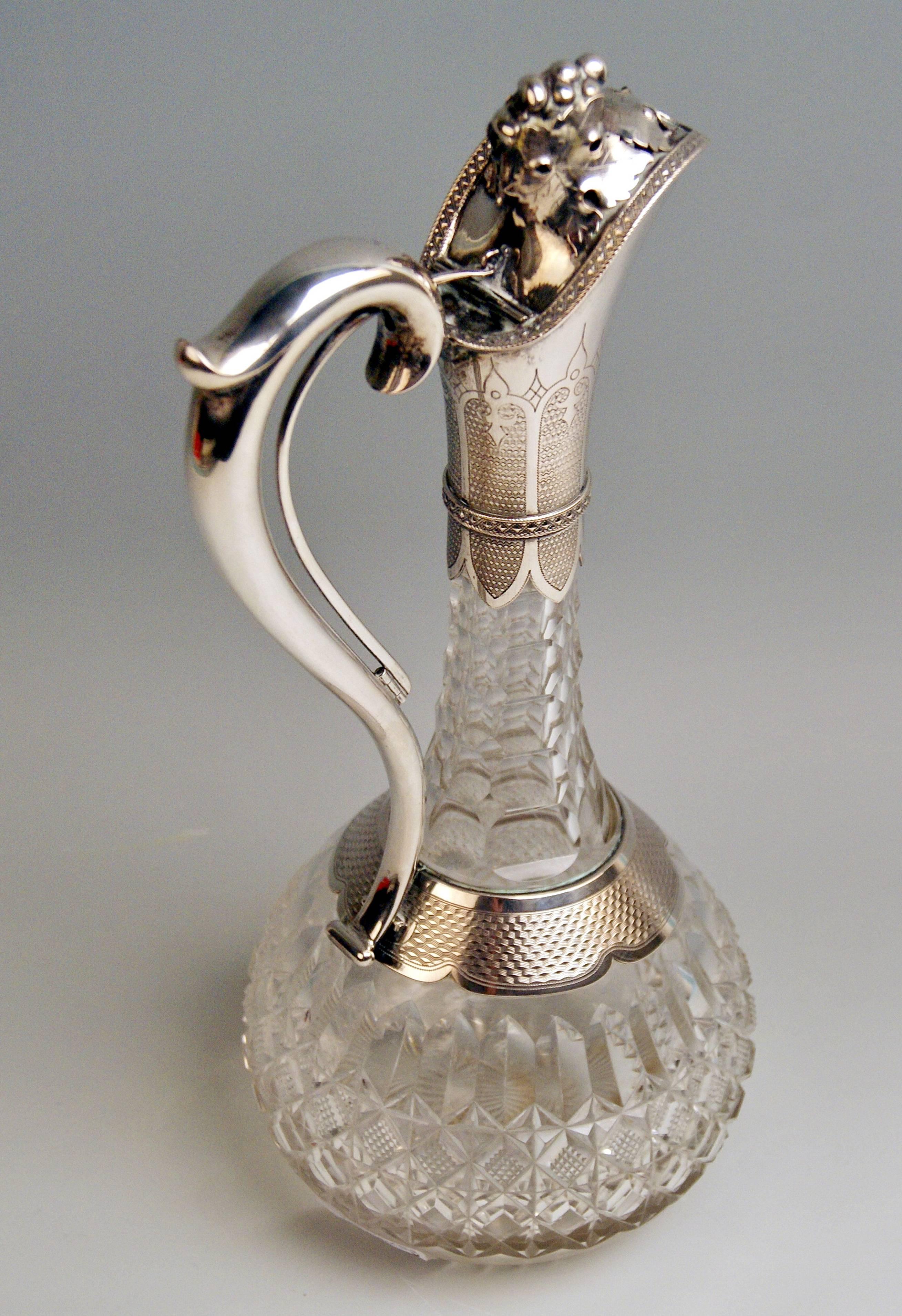 Polish Silver 800 Art Nouveau Glass Decanter Wine Carafe Poland or Hungary, Made 1900