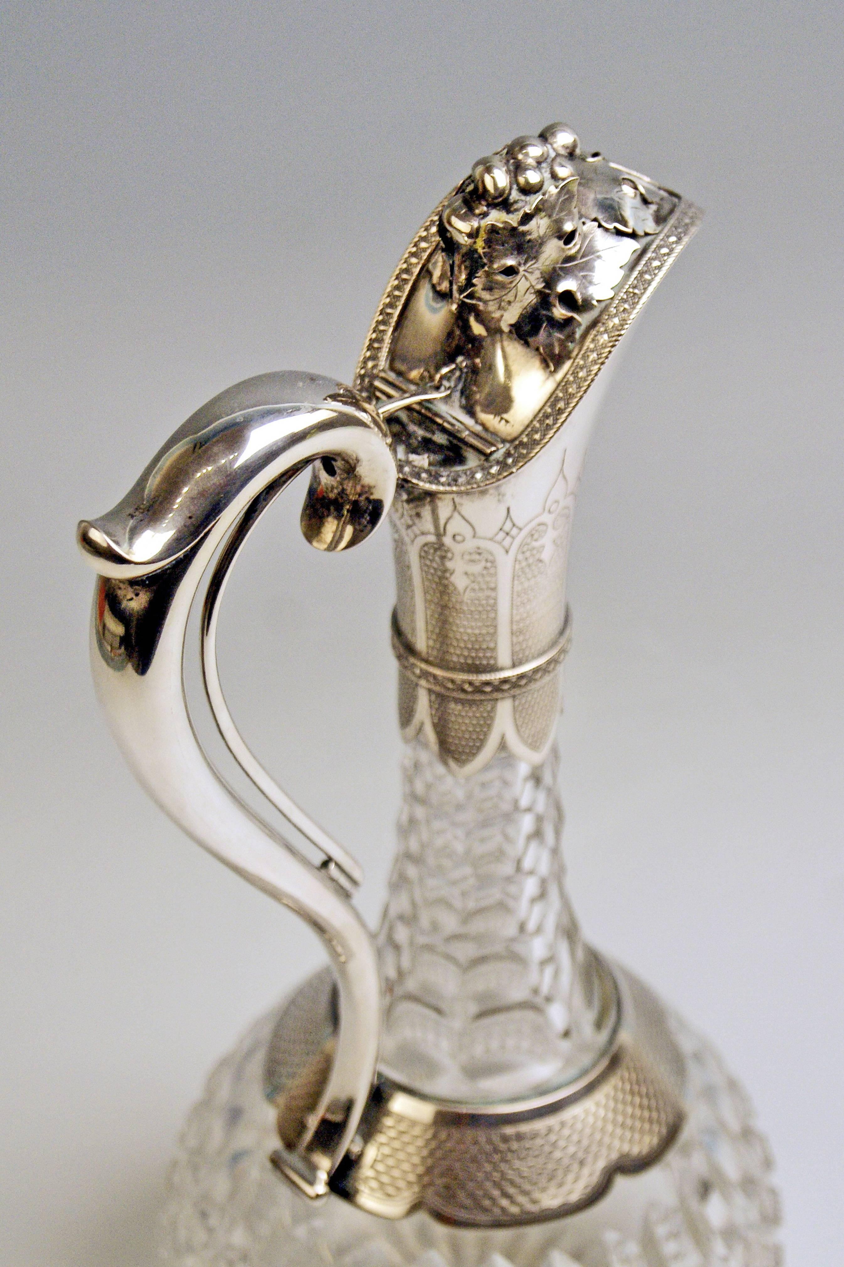 Silver 800 Art Nouveau Glass Decanter Wine Carafe Poland or Hungary, Made 1900 1