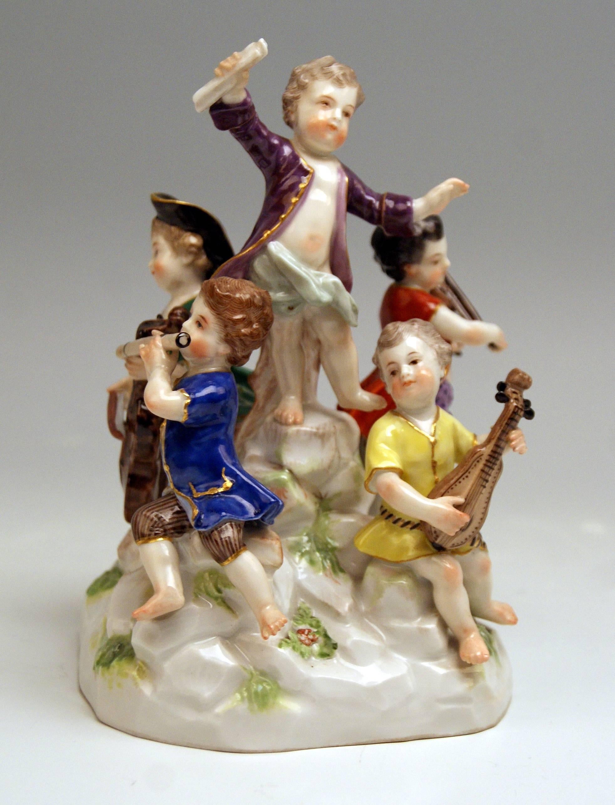 Meissen stunning figurine group: The music band

Measures:
Height: 5.90 inches 
Diameter of base: 4.33 inches

Manufactory: Meissen
Hallmarked: Blue Meissen Sword Mark (glazed bottom)
First quality 
Dating: 19th century / made circa 1860