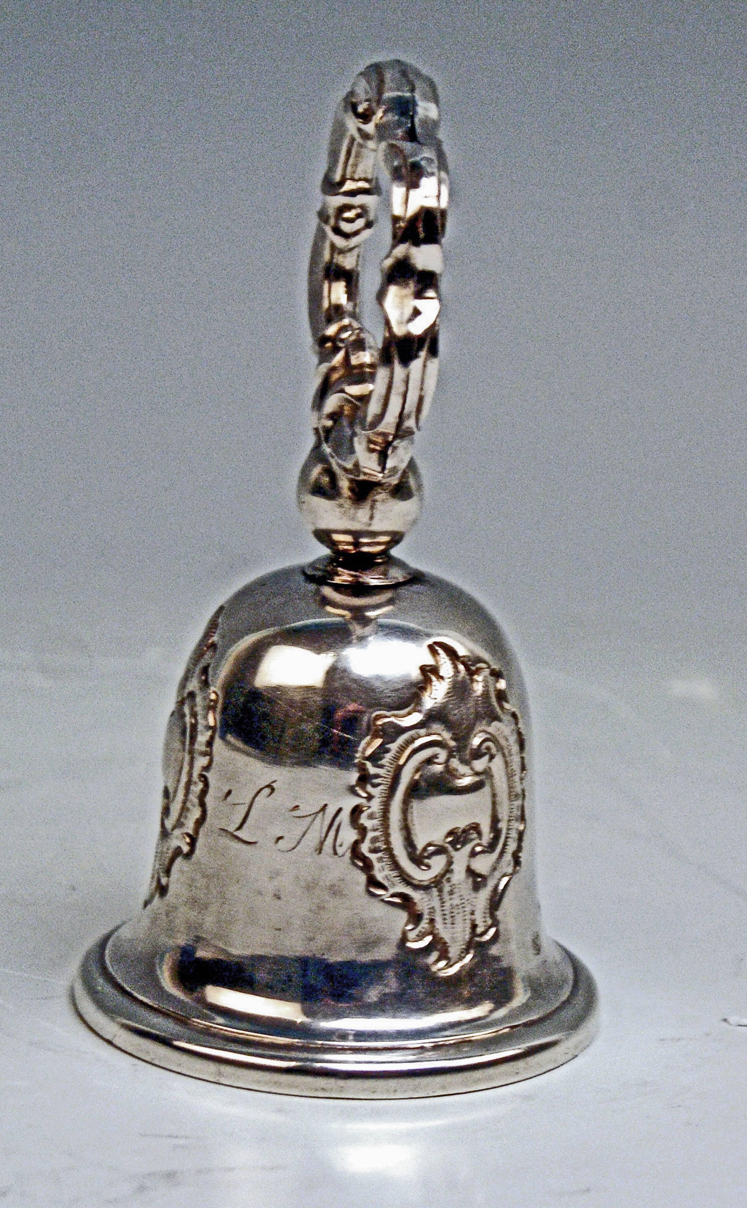 Nicest Biedermeier table bell
Hallmarked (VIENNESE SILVER)
manufactured circa 1836 

It is a table bell of finest manufacturing quality: Referring to style, it is made in High Viennese Biedermeier period of 1830-1840.
The table bell's surface