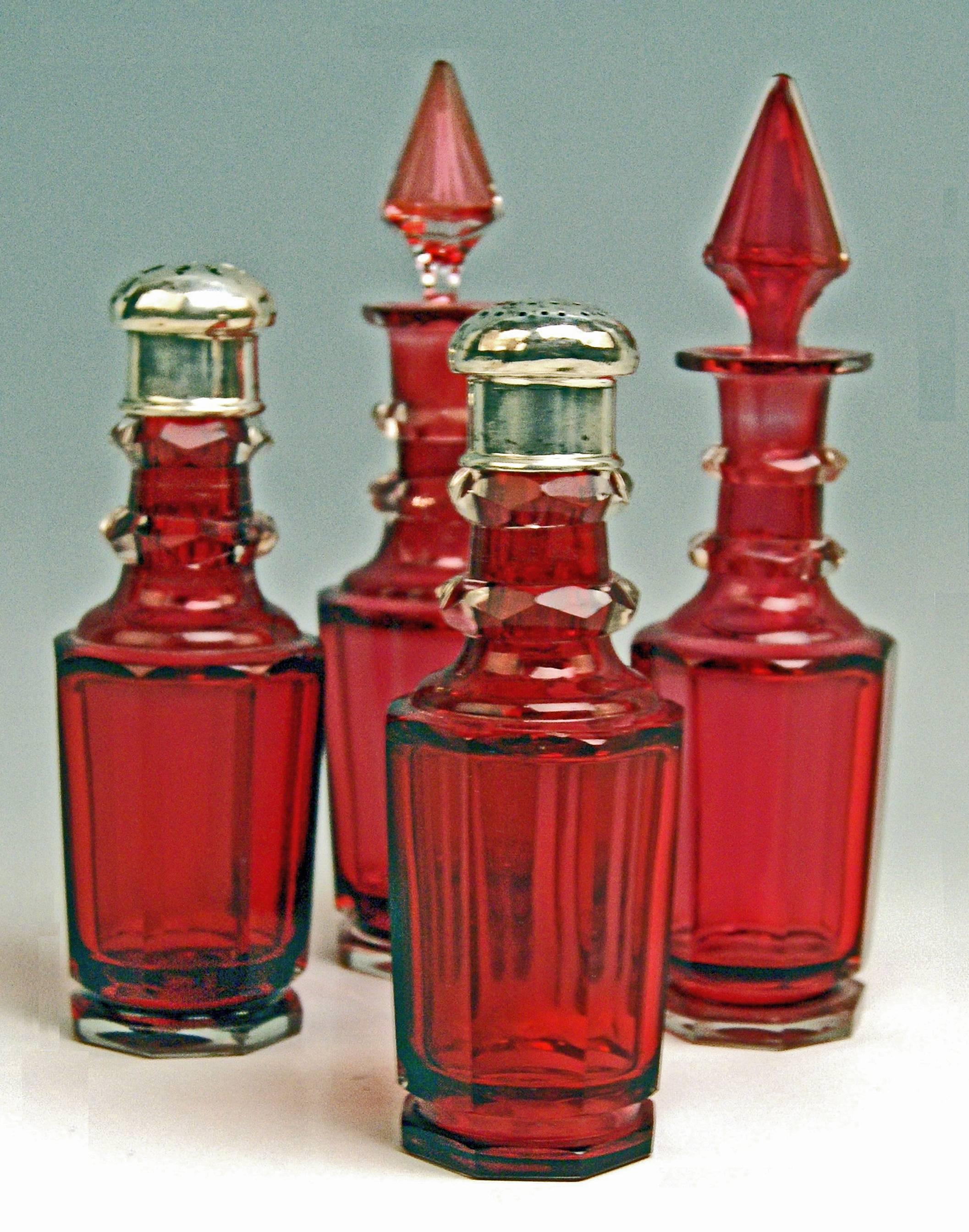 Primo vittoriano Set di condimenti in vetro, olio e aceto, rosso rubino, argento, vintage, Vienna, 1854 in vendita