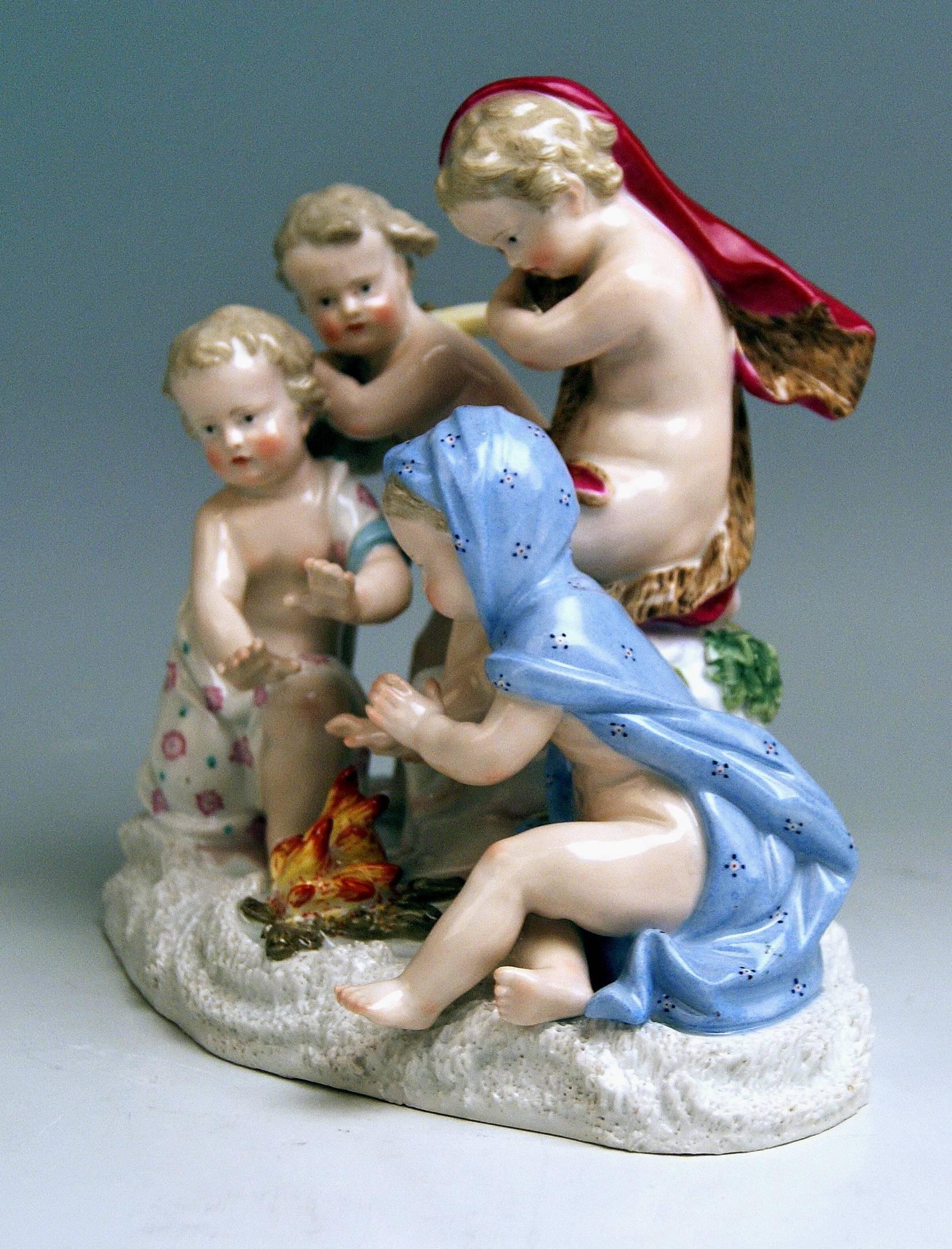 Meissen stunning figurine group: Allegory of Winter
Model 2495

Measures:
Height: 6.69 inches (= 17.0 cm)
Width: 7.28 inches (= 18.5 cm)
Depth: 4.64 inches (= 11.8 cm)

Manufactory: Meissen
Hallmarked: Blue Meissen Sword Mark (glazed