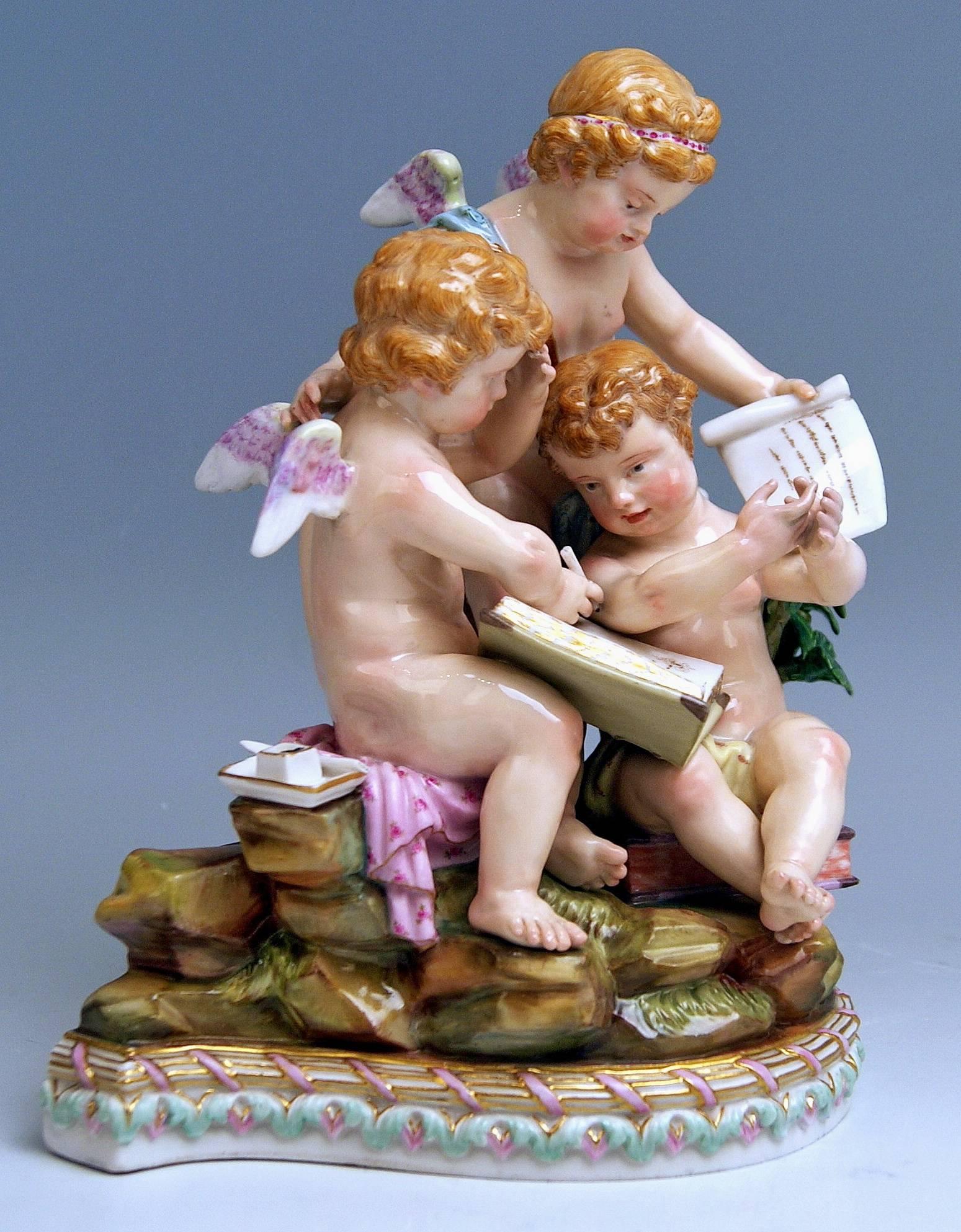 Meissen Gorgeous cherub figurines group: Allegory of Arithmetic. 

Designer: 
Michael Victor Acier (1736-1799).
Design made circa 1774 / this model of cherubs' group had been made for decoration of Oranienbaum (Today: Lomonossow) castle, on